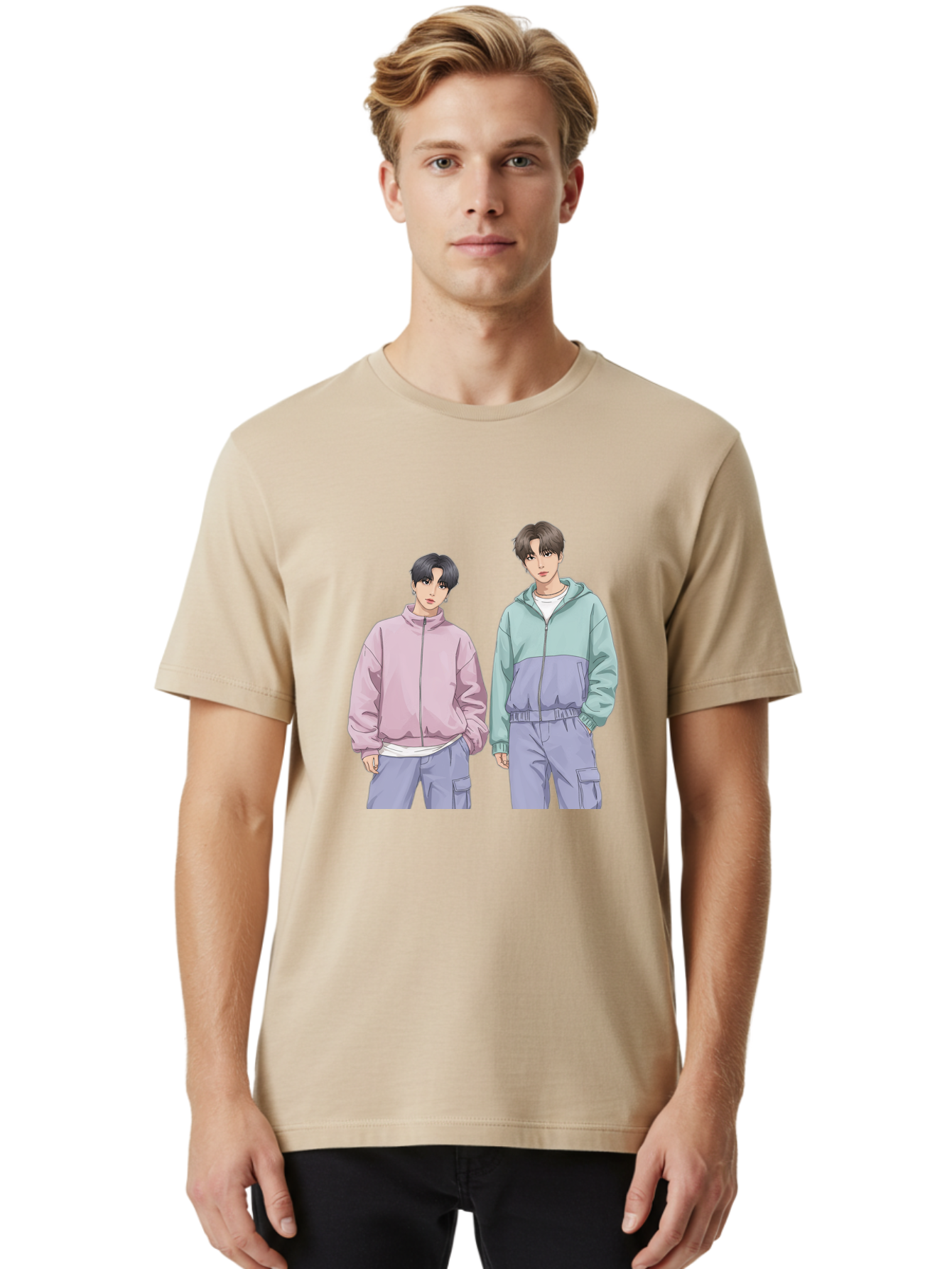 Two-Young-Men Men'S Graphic Tee, 100% Cotton, Comfortable Casual Summer Wear, Machine Washable, K-Pop Idols, Anime Style, Pastel Colors, Casual Wear, Streetwear Fashion, Purple Pants, Zip-Up Jackets, Modern Youth Culture Bac528