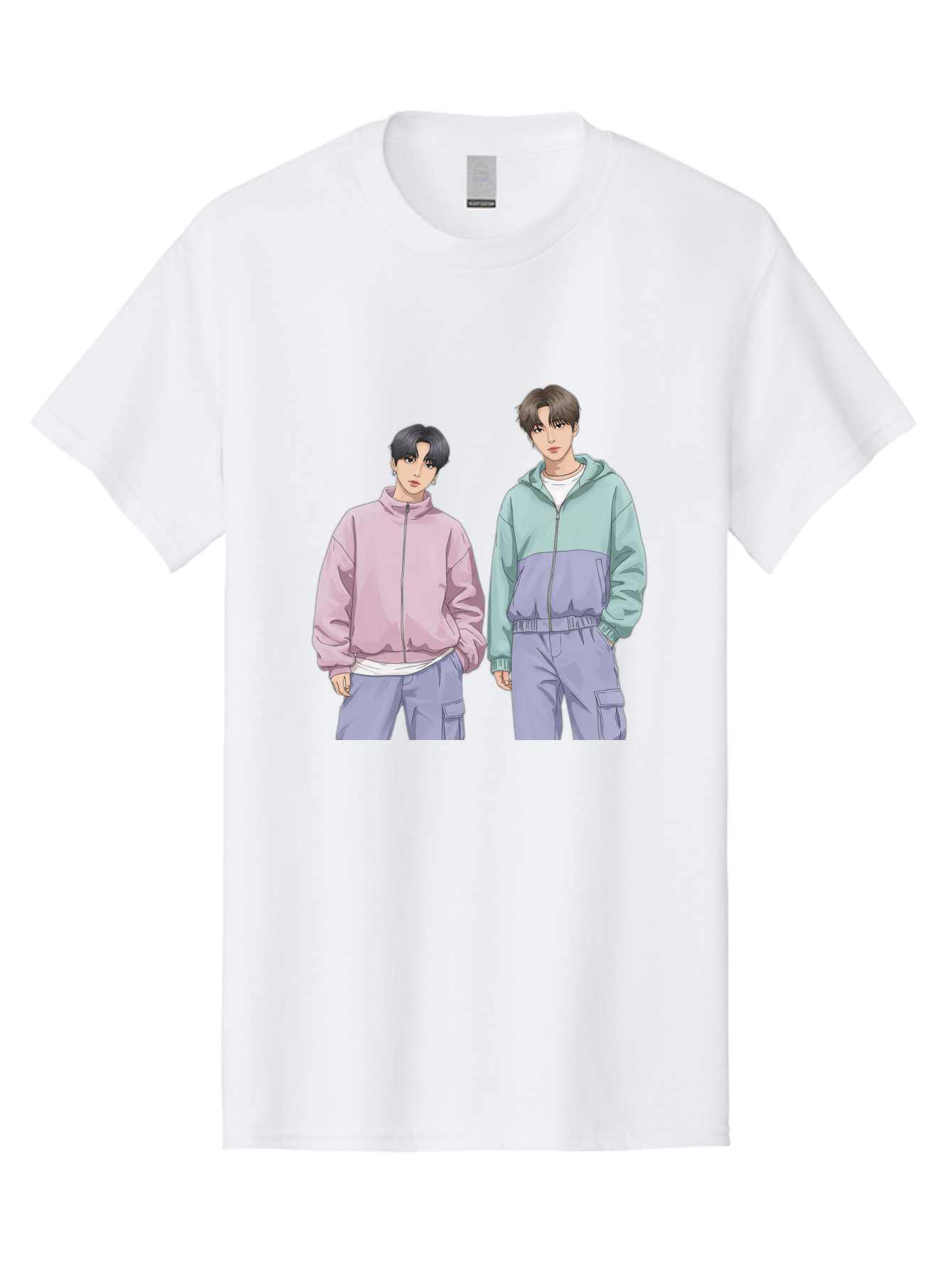 Two-Young-Men Men'S Graphic Tee, 100% Cotton, Comfortable Casual Summer Wear, Machine Washable, K-Pop Idols, Anime Style, Pastel Colors, Casual Wear, Streetwear Fashion, Purple Pants, Zip-Up Jackets, Modern Youth Culture Bac528