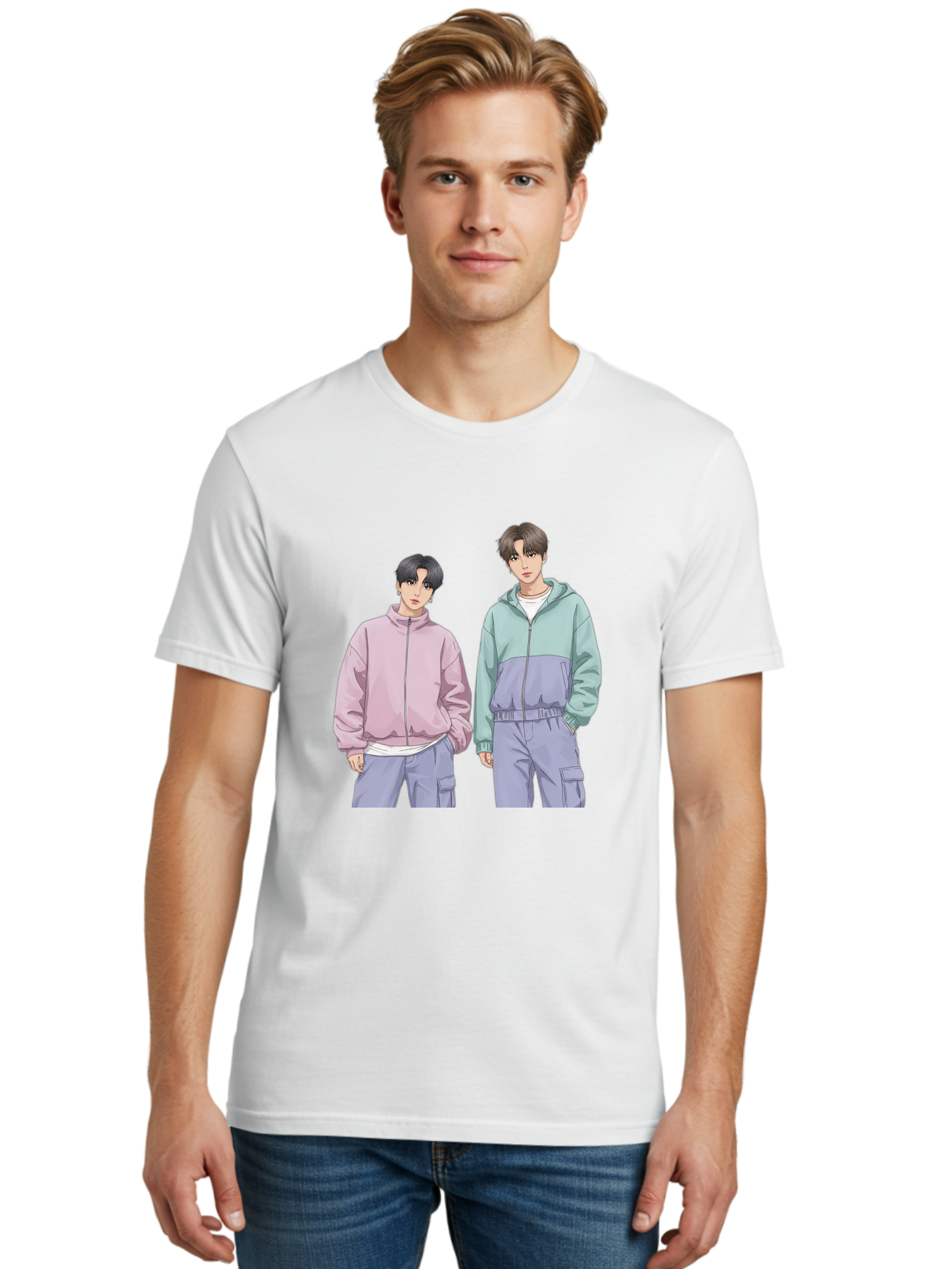 Two-Young-Men Men'S Graphic Tee, 100% Cotton, Comfortable Casual Summer Wear, Machine Washable, K-Pop Idols, Anime Style, Pastel Colors, Casual Wear, Streetwear Fashion, Purple Pants, Zip-Up Jackets, Modern Youth Culture Bac528