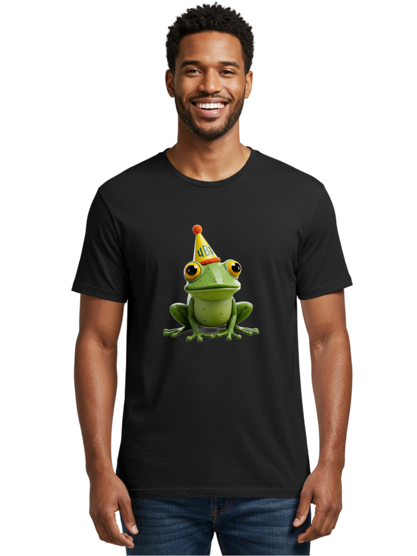 Ube-Frog Men'S Graphic Tee, 100% Cotton, Comfortable Casual Summer Wear, Machine Washable, Cartoon Frog, Party Hat, Funny Animal, Quirky Character, Amusement, Comical Illustration, Festive Vibe, Humor, Meme Inspiration, Entertaining Graphic Bac530