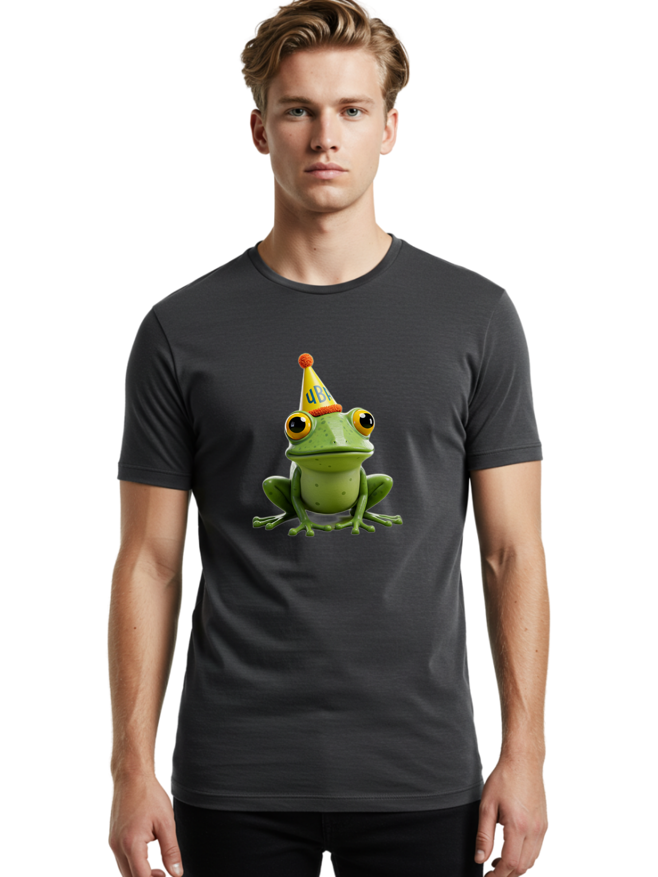 Ube-Frog Men'S Graphic Tee, 100% Cotton, Comfortable Casual Summer Wear, Machine Washable, Cartoon Frog, Party Hat, Funny Animal, Quirky Character, Amusement, Comical Illustration, Festive Vibe, Humor, Meme Inspiration, Entertaining Graphic Bac530