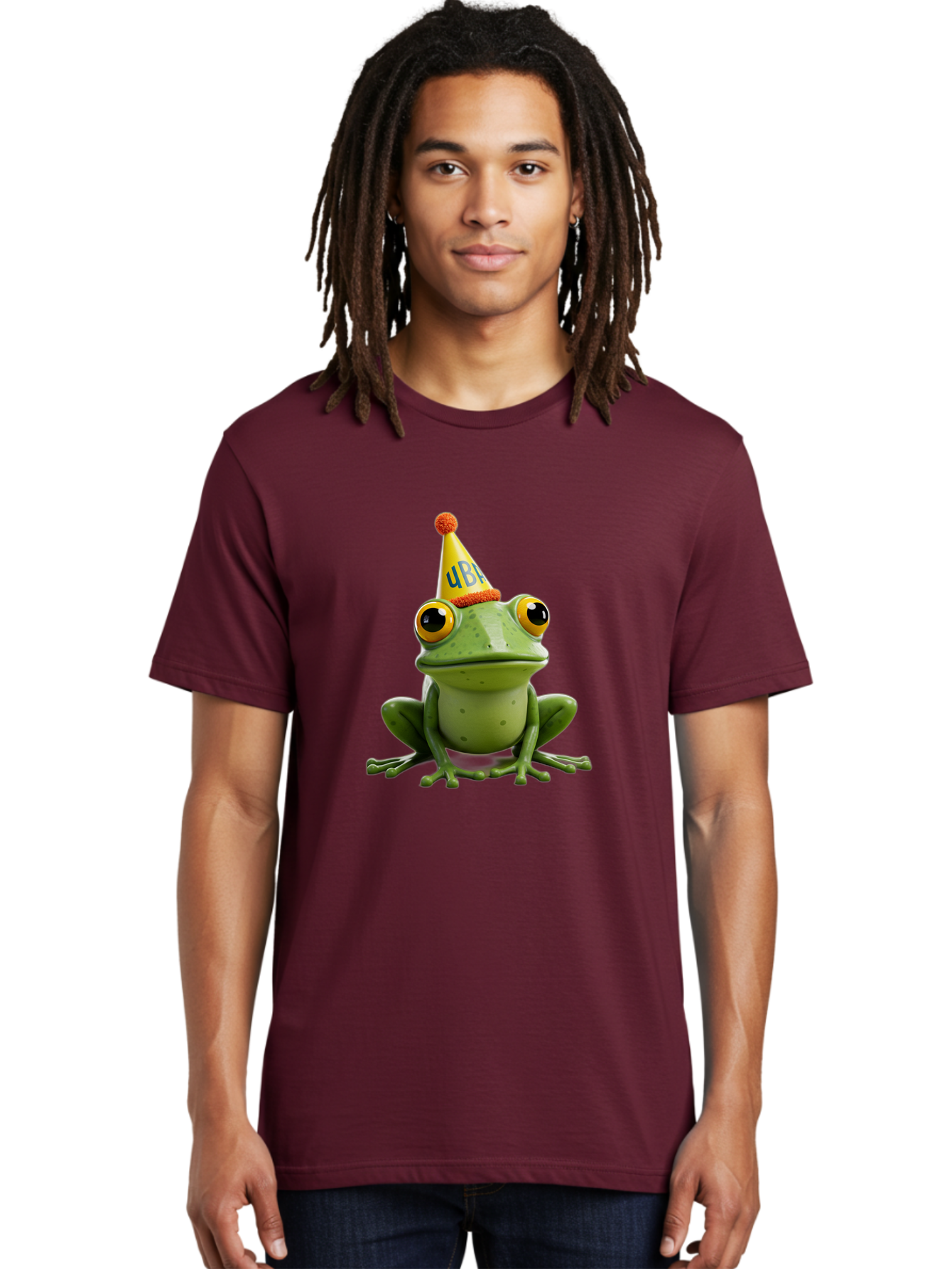 Ube-Frog Men'S Graphic Tee, 100% Cotton, Comfortable Casual Summer Wear, Machine Washable, Cartoon Frog, Party Hat, Funny Animal, Quirky Character, Amusement, Comical Illustration, Festive Vibe, Humor, Meme Inspiration, Entertaining Graphic Bac530