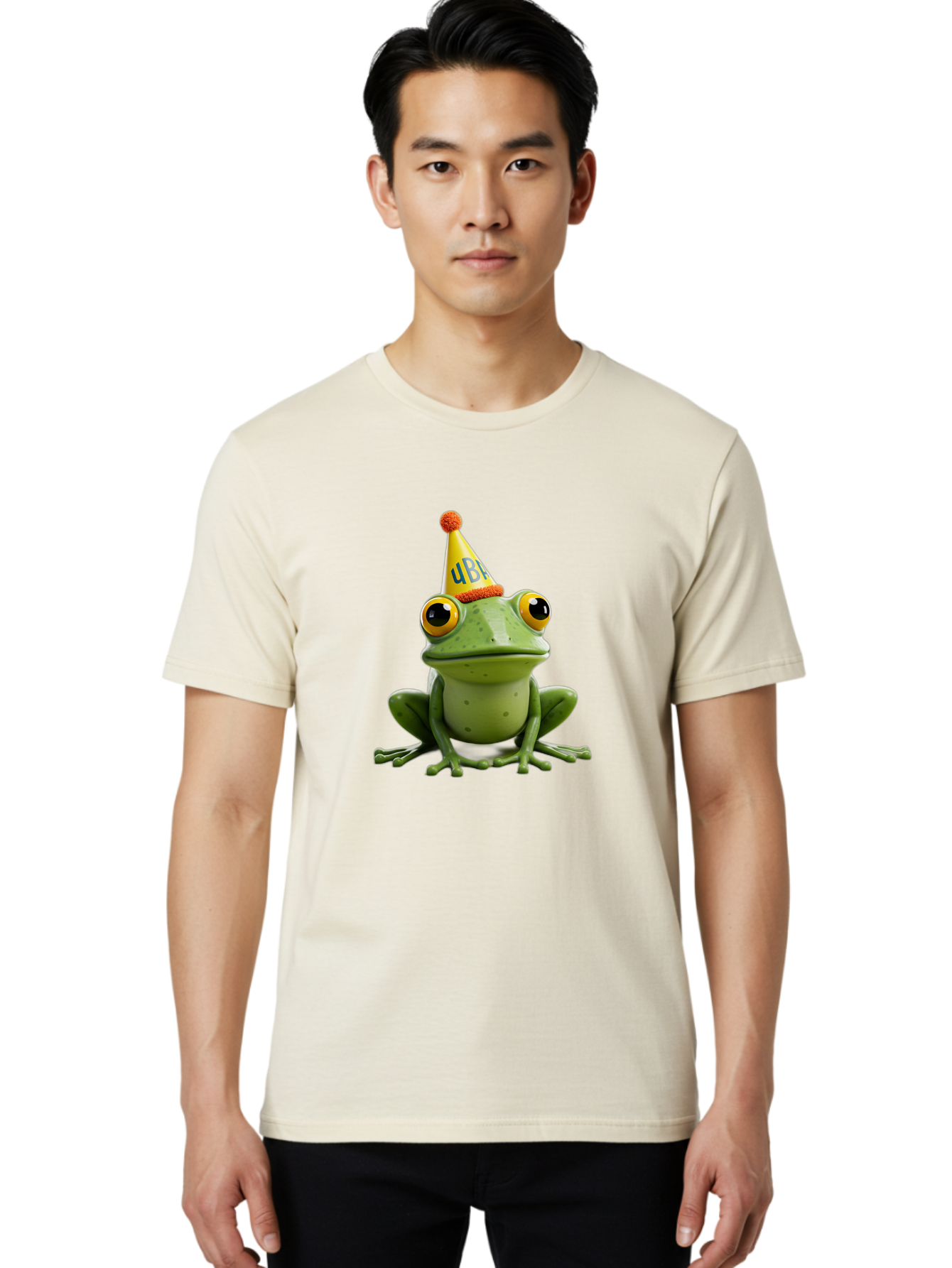 Ube-Frog Men'S Graphic Tee, 100% Cotton, Comfortable Casual Summer Wear, Machine Washable, Cartoon Frog, Party Hat, Funny Animal, Quirky Character, Amusement, Comical Illustration, Festive Vibe, Humor, Meme Inspiration, Entertaining Graphic Bac530