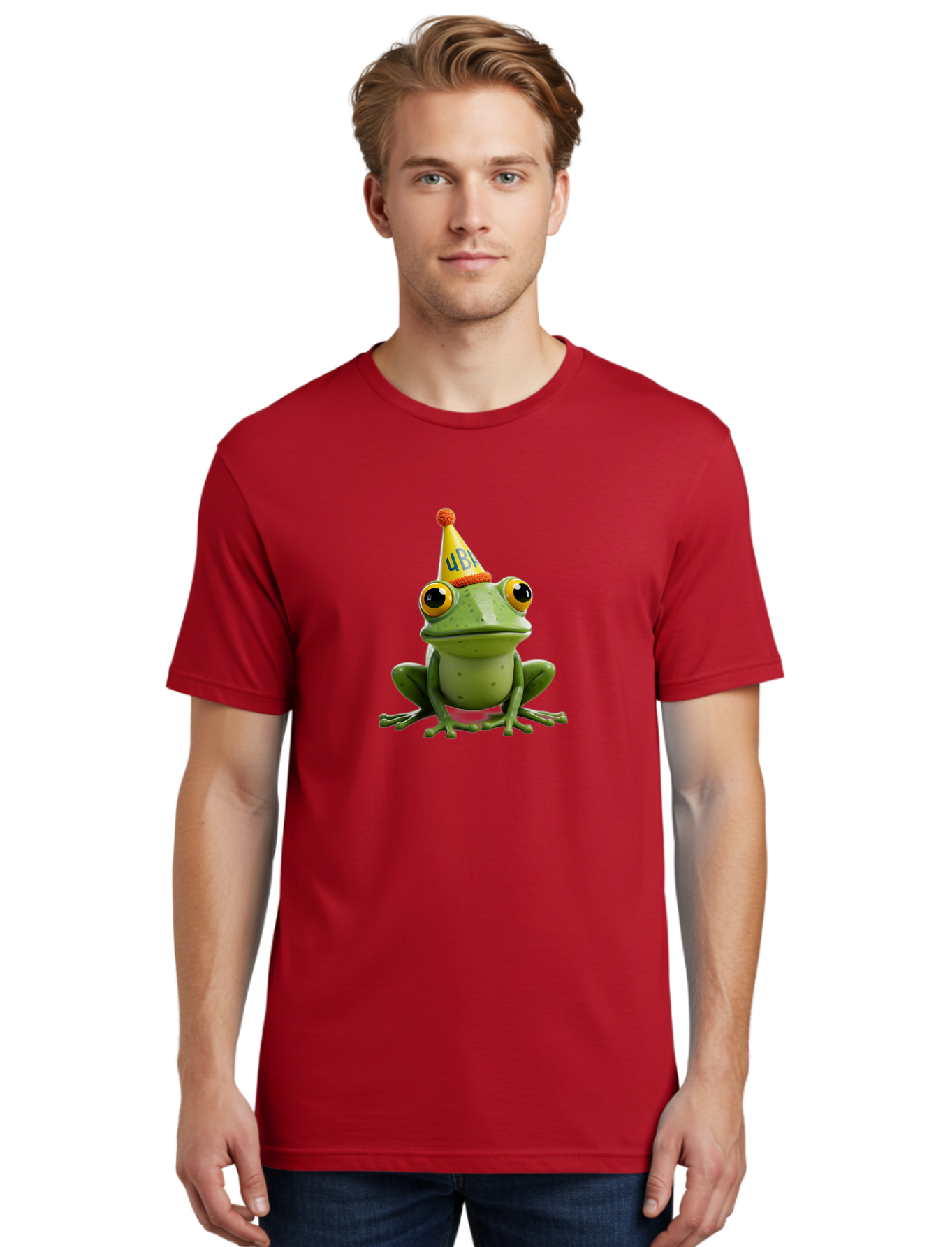 Ube-Frog Men'S Graphic Tee, 100% Cotton, Comfortable Casual Summer Wear, Machine Washable, Cartoon Frog, Party Hat, Funny Animal, Quirky Character, Amusement, Comical Illustration, Festive Vibe, Humor, Meme Inspiration, Entertaining Graphic Bac530