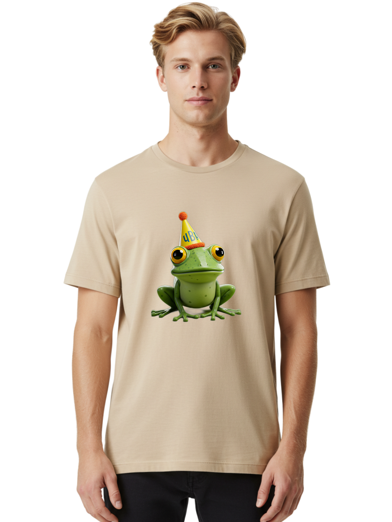Ube-Frog Men'S Graphic Tee, 100% Cotton, Comfortable Casual Summer Wear, Machine Washable, Cartoon Frog, Party Hat, Funny Animal, Quirky Character, Amusement, Comical Illustration, Festive Vibe, Humor, Meme Inspiration, Entertaining Graphic Bac530