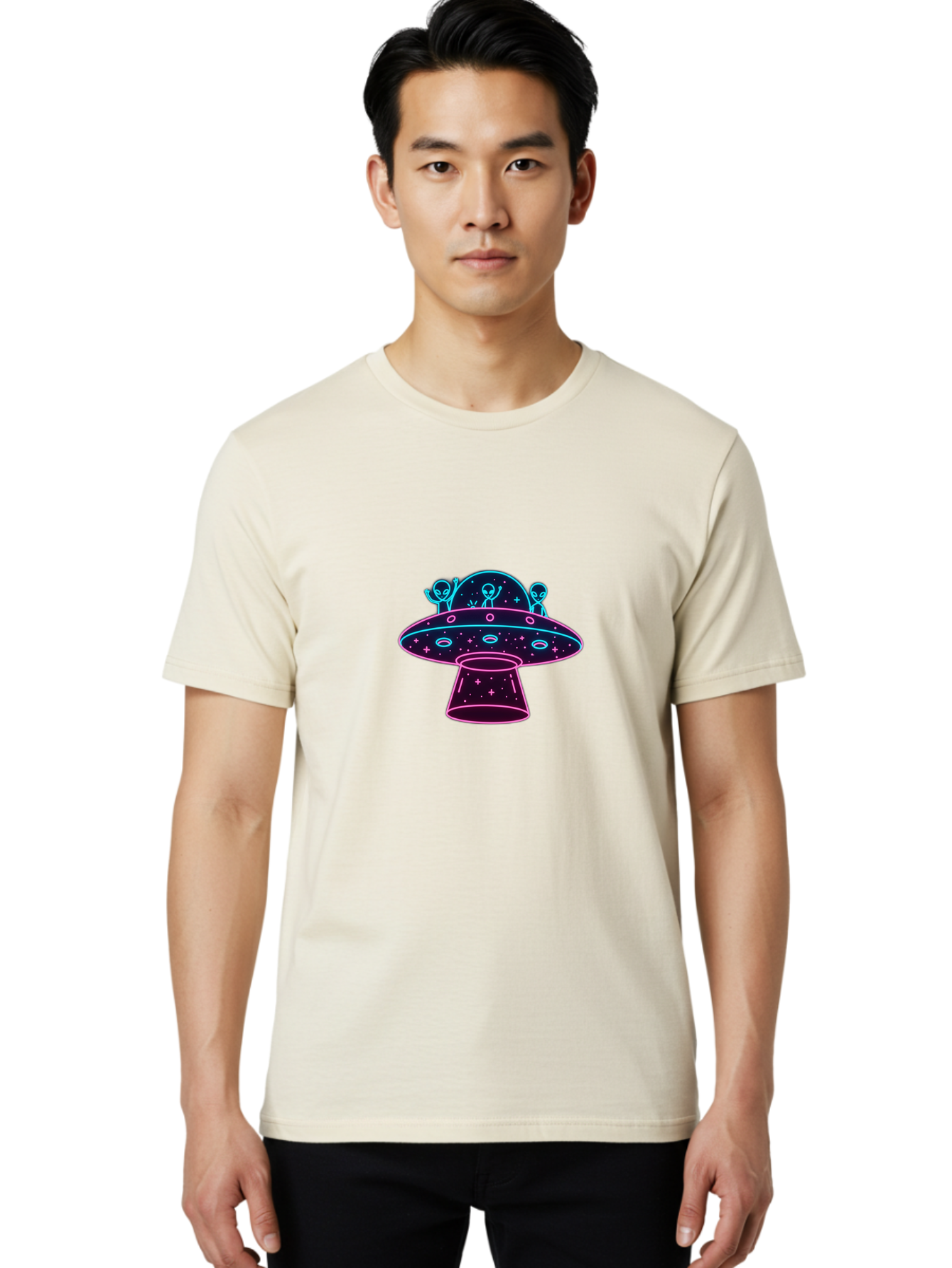 Ufo-Alien-Spaceship Men'S Graphic Tee, 100% Cotton, Comfortable Casual Summer Wear, Machine Washable, Alien Spaceship, Extraterrestrial Life, Futuristic Design, Neon Lights, Cosmic Travel, Stars, Universe Exploration, Mystic Ambiance, Bac531
