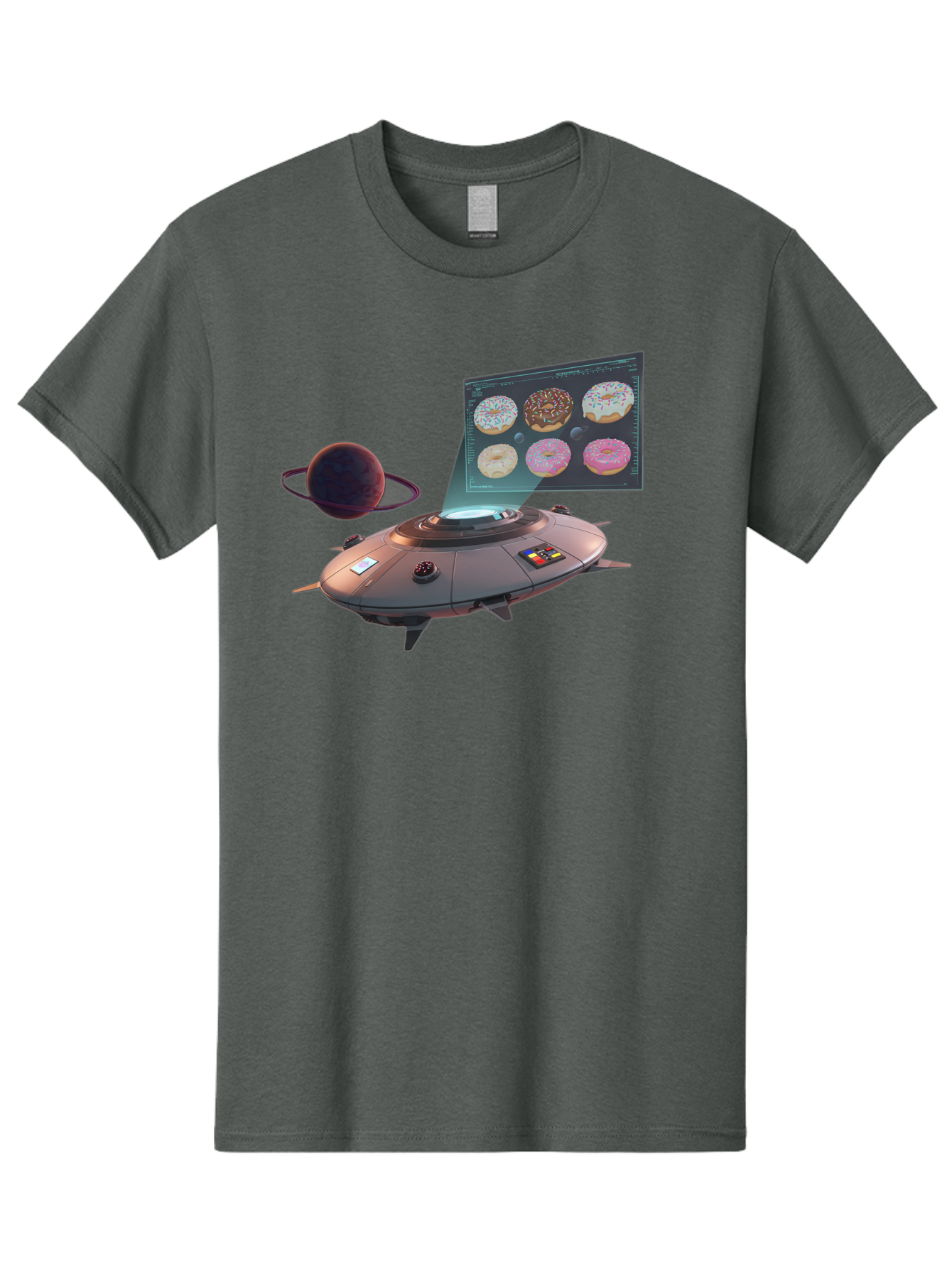Ufo-Donuts Men'S Graphic Tee, 100% Cotton, Comfortable Casual Summer Wear, Machine Washable, Ufo Spaceship, Donut Menu, Assorted Donuts, Digital Display, Planet, Rings, Futuristic, Outer Space, Sci-Fi, Donuts With Sprinkles, Chocolate Frosting Bac532