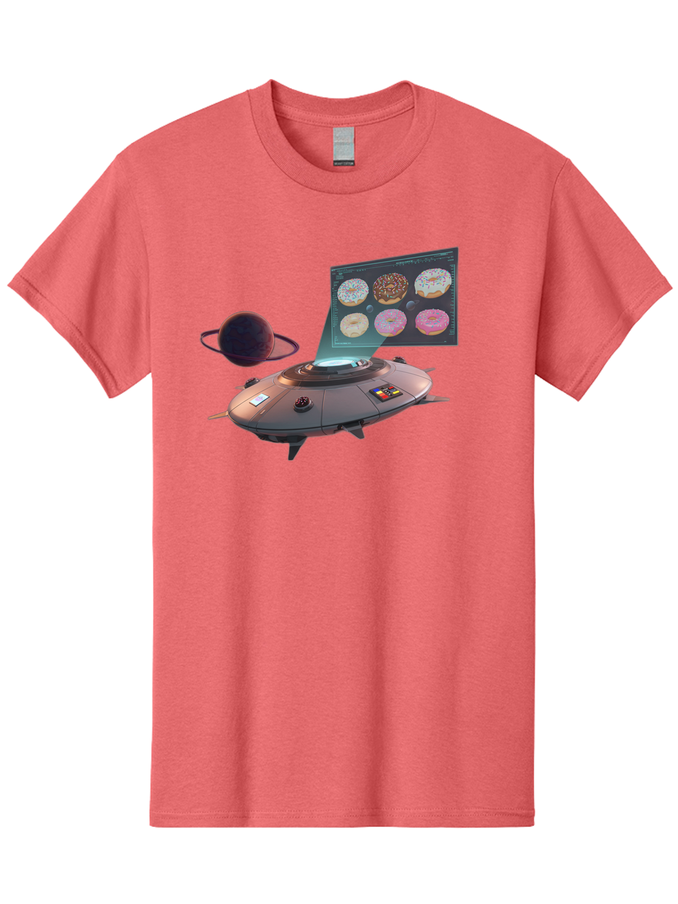 Ufo-Donuts Men'S Graphic Tee, 100% Cotton, Comfortable Casual Summer Wear, Machine Washable, Ufo Spaceship, Donut Menu, Assorted Donuts, Digital Display, Planet, Rings, Futuristic, Outer Space, Sci-Fi, Donuts With Sprinkles, Chocolate Frosting Bac532