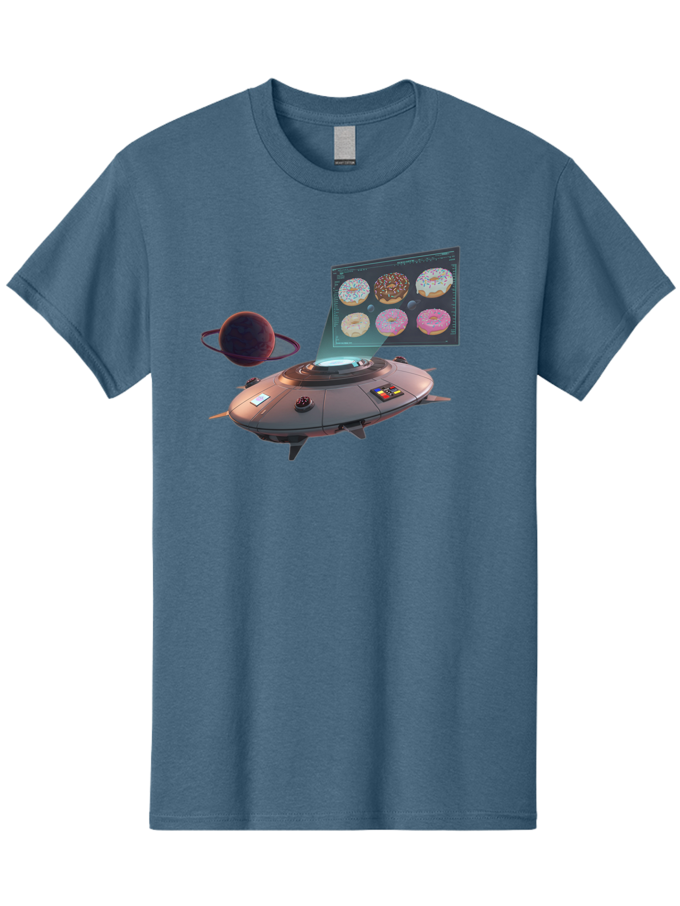 Ufo-Donuts Men'S Graphic Tee, 100% Cotton, Comfortable Casual Summer Wear, Machine Washable, Ufo Spaceship, Donut Menu, Assorted Donuts, Digital Display, Planet, Rings, Futuristic, Outer Space, Sci-Fi, Donuts With Sprinkles, Chocolate Frosting Bac532