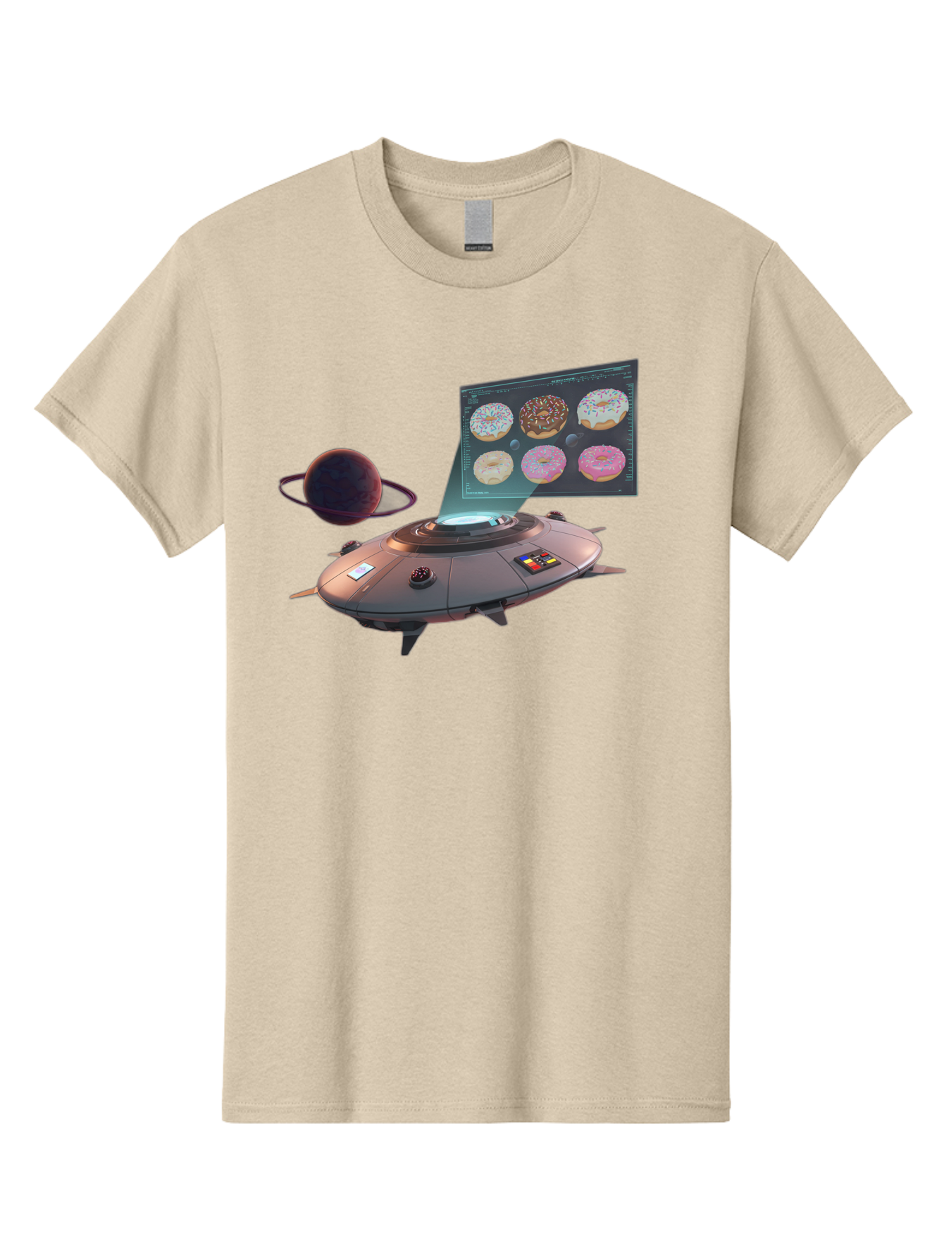 Ufo-Donuts Men'S Graphic Tee, 100% Cotton, Comfortable Casual Summer Wear, Machine Washable, Ufo Spaceship, Donut Menu, Assorted Donuts, Digital Display, Planet, Rings, Futuristic, Outer Space, Sci-Fi, Donuts With Sprinkles, Chocolate Frosting Bac532