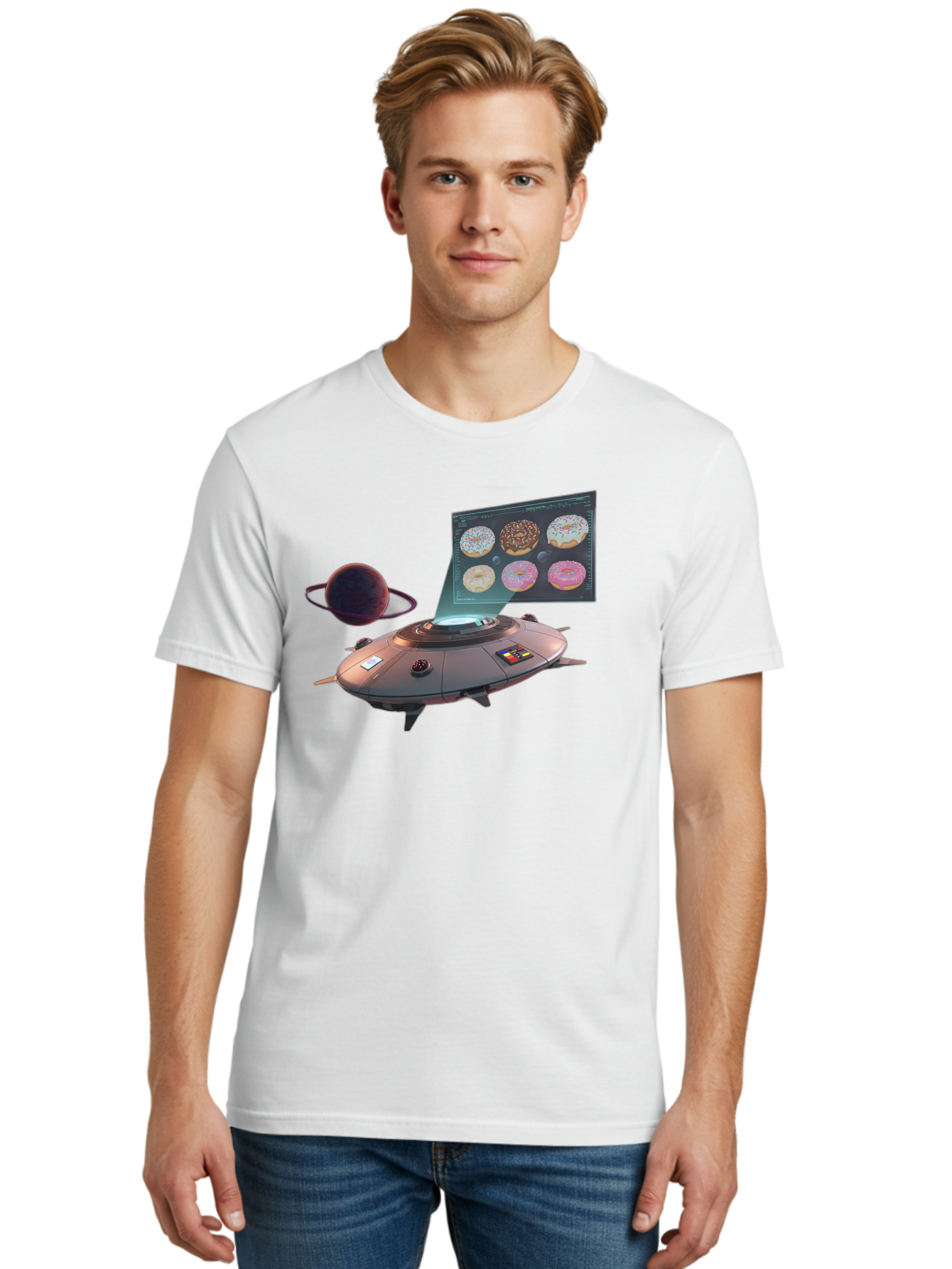 Ufo-Donuts Men'S Graphic Tee, 100% Cotton, Comfortable Casual Summer Wear, Machine Washable, Ufo Spaceship, Donut Menu, Assorted Donuts, Digital Display, Planet, Rings, Futuristic, Outer Space, Sci-Fi, Donuts With Sprinkles, Chocolate Frosting Bac532
