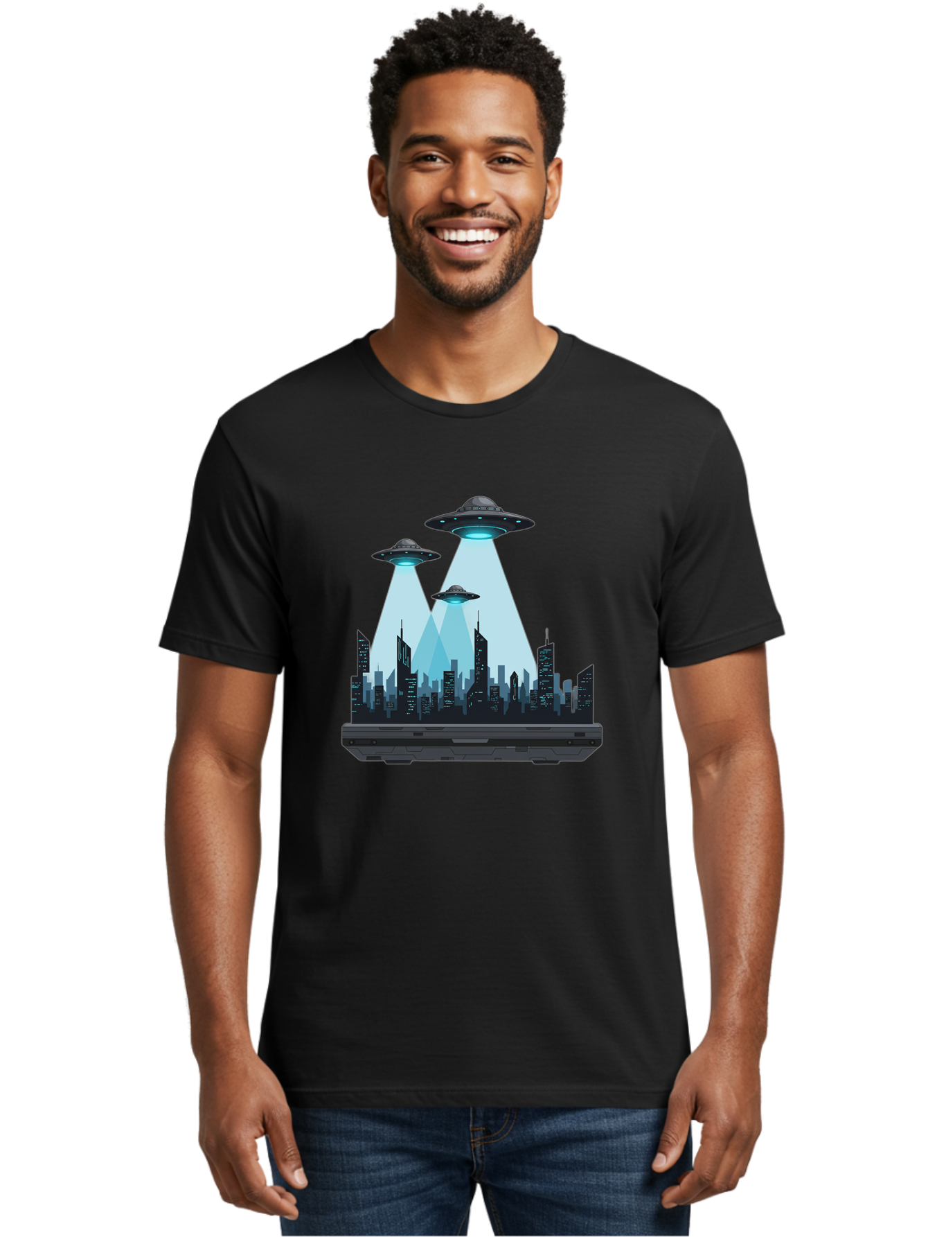 Ufo-Invasion-1 Men'S Graphic Tee, 100% Cotton, Comfortable Casual Summer Wear, Machine Washable, Ufos Over City, Alien Invasion, Science Fiction, Futuristic Cityscape, Extraterrestrial Visitation, Urban Landscape, Mysterious Lights, Bac533