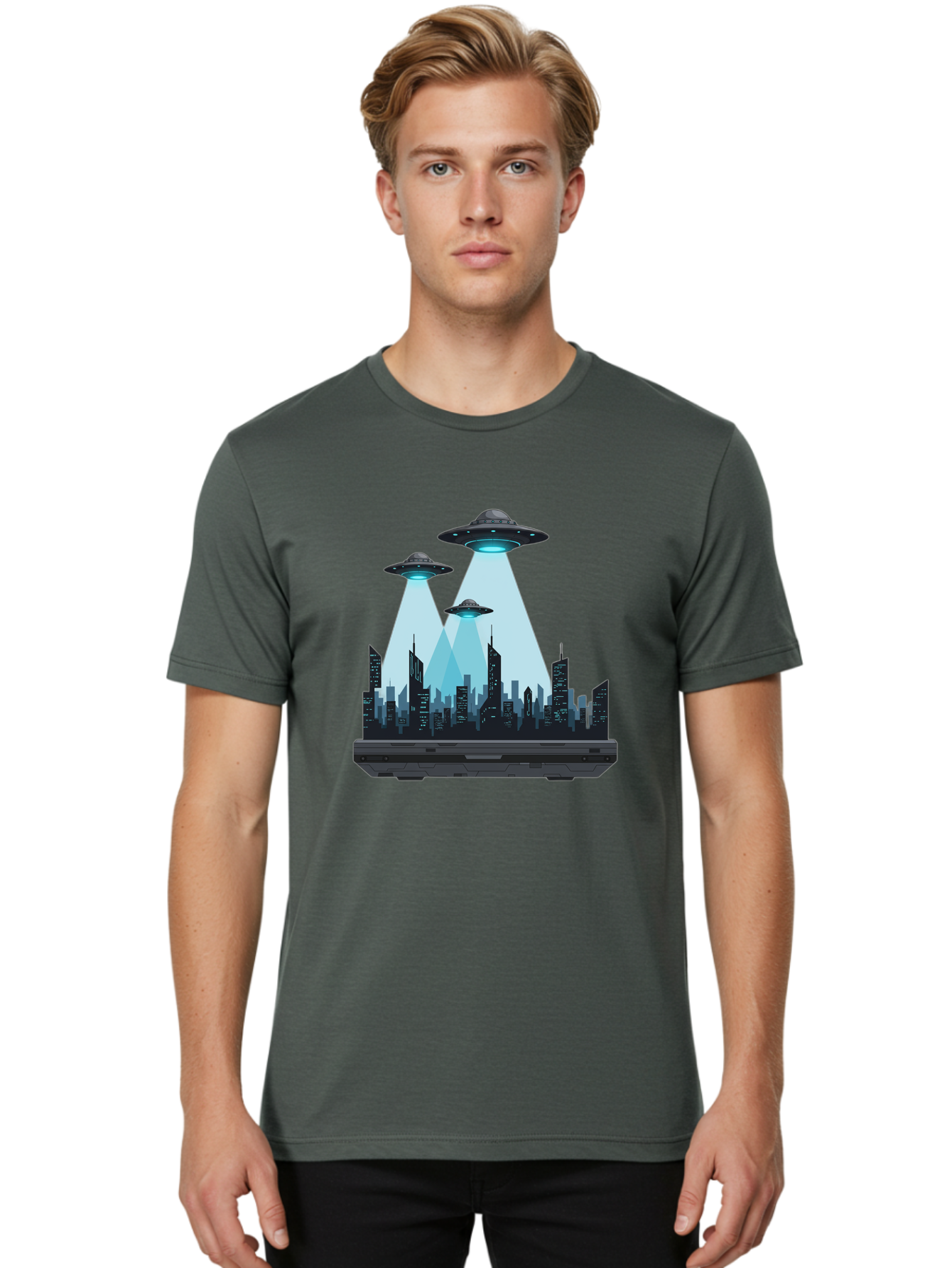Ufo-Invasion-1 Men'S Graphic Tee, 100% Cotton, Comfortable Casual Summer Wear, Machine Washable, Ufos Over City, Alien Invasion, Science Fiction, Futuristic Cityscape, Extraterrestrial Visitation, Urban Landscape, Mysterious Lights, Bac533