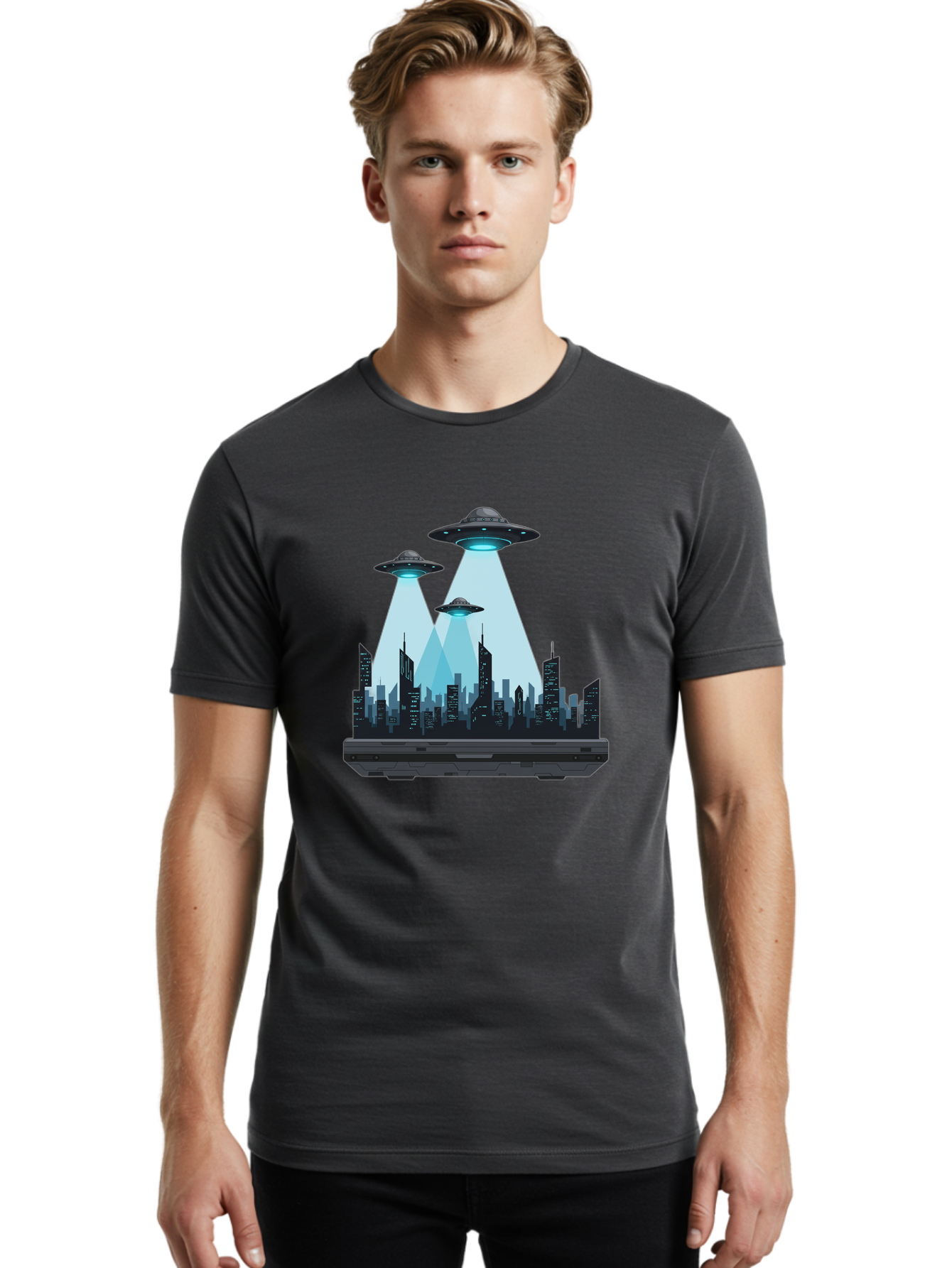 Ufo-Invasion-1 Men'S Graphic Tee, 100% Cotton, Comfortable Casual Summer Wear, Machine Washable, Ufos Over City, Alien Invasion, Science Fiction, Futuristic Cityscape, Extraterrestrial Visitation, Urban Landscape, Mysterious Lights, Bac533