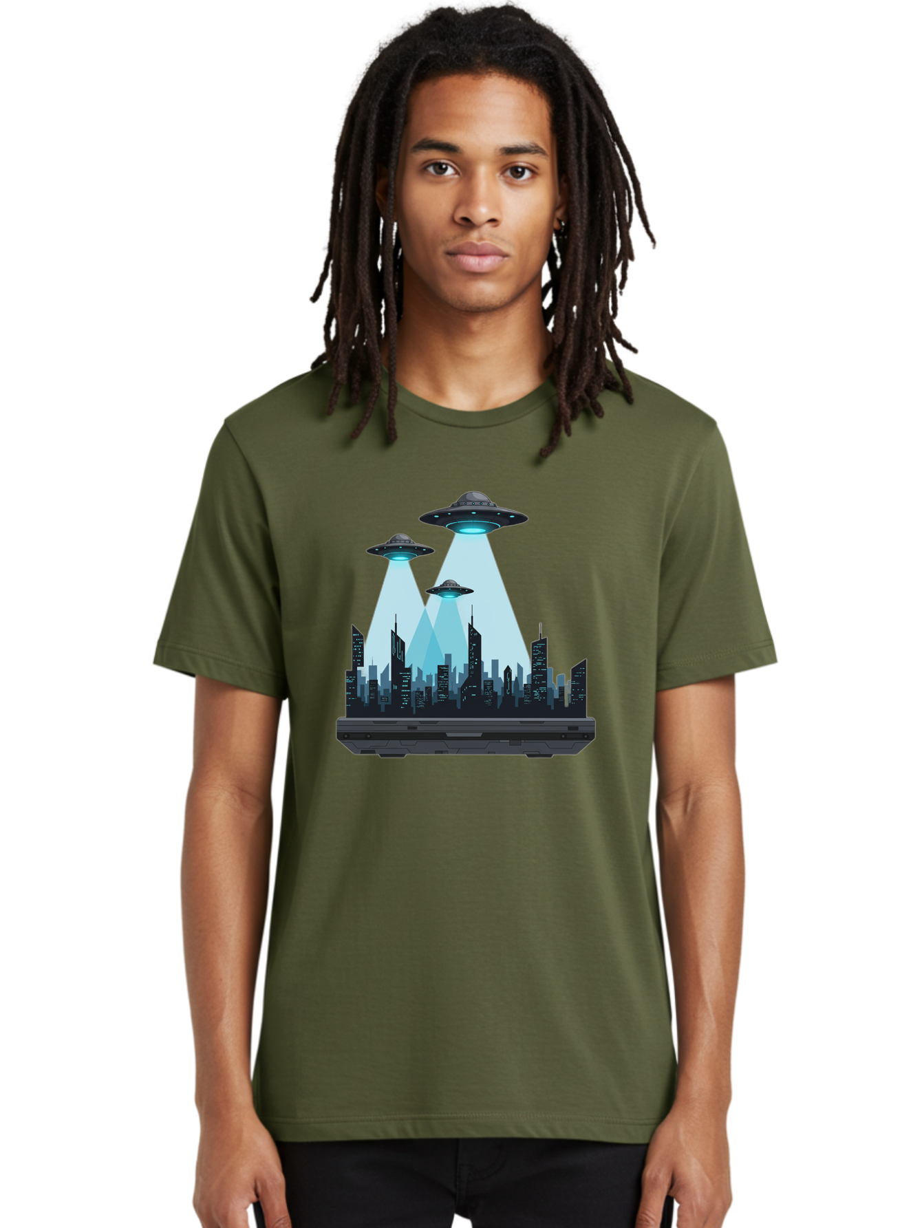 Ufo-Invasion-1 Men'S Graphic Tee, 100% Cotton, Comfortable Casual Summer Wear, Machine Washable, Ufos Over City, Alien Invasion, Science Fiction, Futuristic Cityscape, Extraterrestrial Visitation, Urban Landscape, Mysterious Lights, Bac533