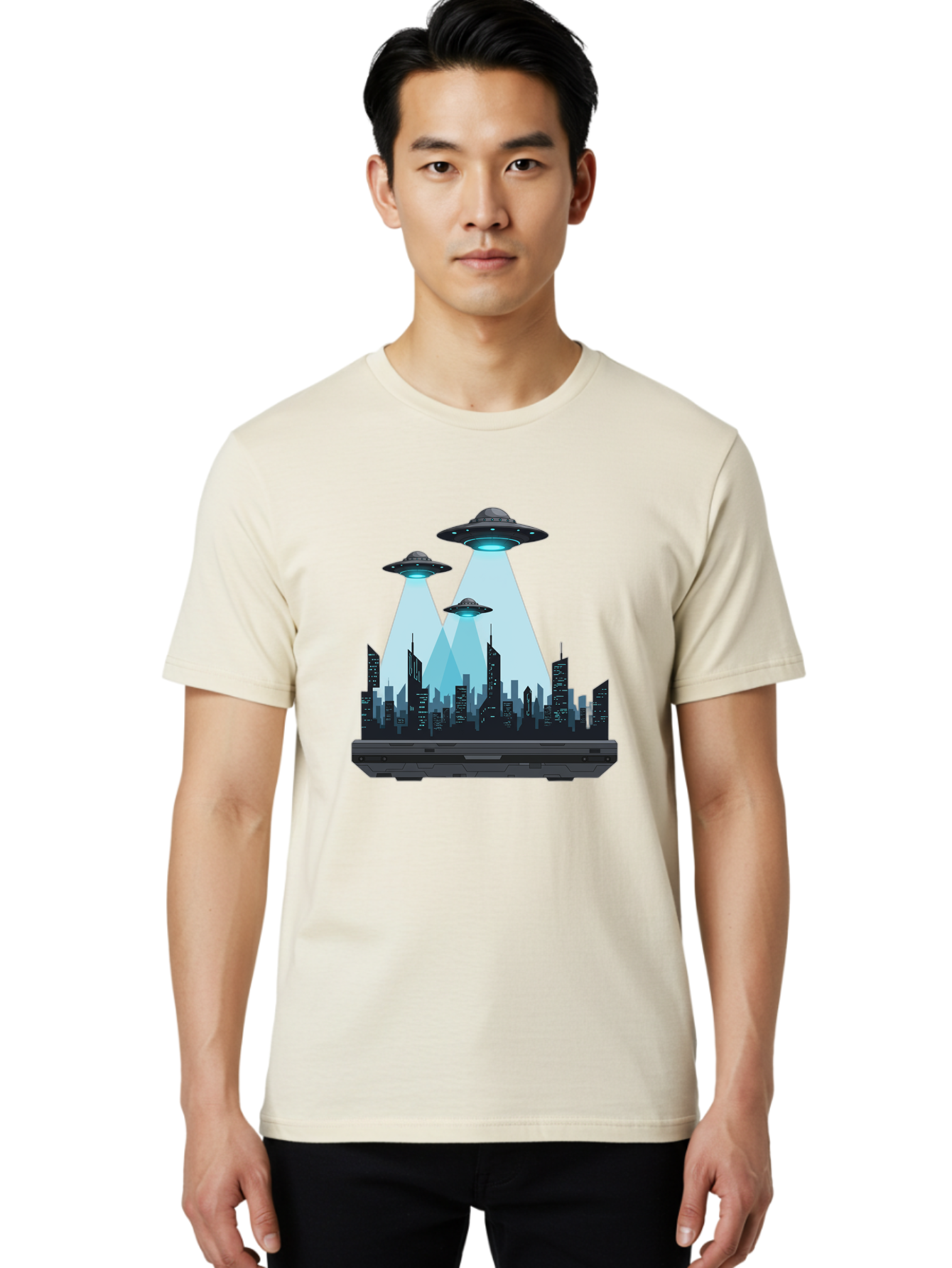 Ufo-Invasion-1 Men'S Graphic Tee, 100% Cotton, Comfortable Casual Summer Wear, Machine Washable, Ufos Over City, Alien Invasion, Science Fiction, Futuristic Cityscape, Extraterrestrial Visitation, Urban Landscape, Mysterious Lights, Bac533