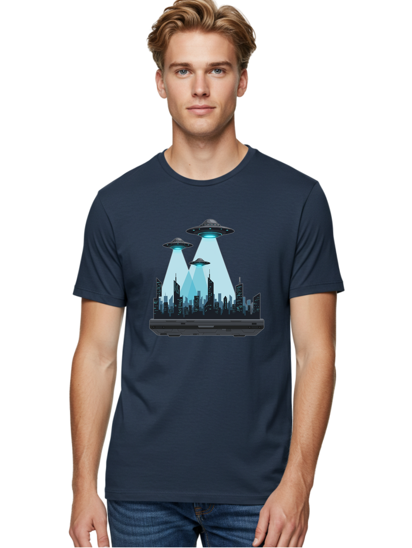 Ufo-Invasion-1 Men'S Graphic Tee, 100% Cotton, Comfortable Casual Summer Wear, Machine Washable, Ufos Over City, Alien Invasion, Science Fiction, Futuristic Cityscape, Extraterrestrial Visitation, Urban Landscape, Mysterious Lights, Bac533