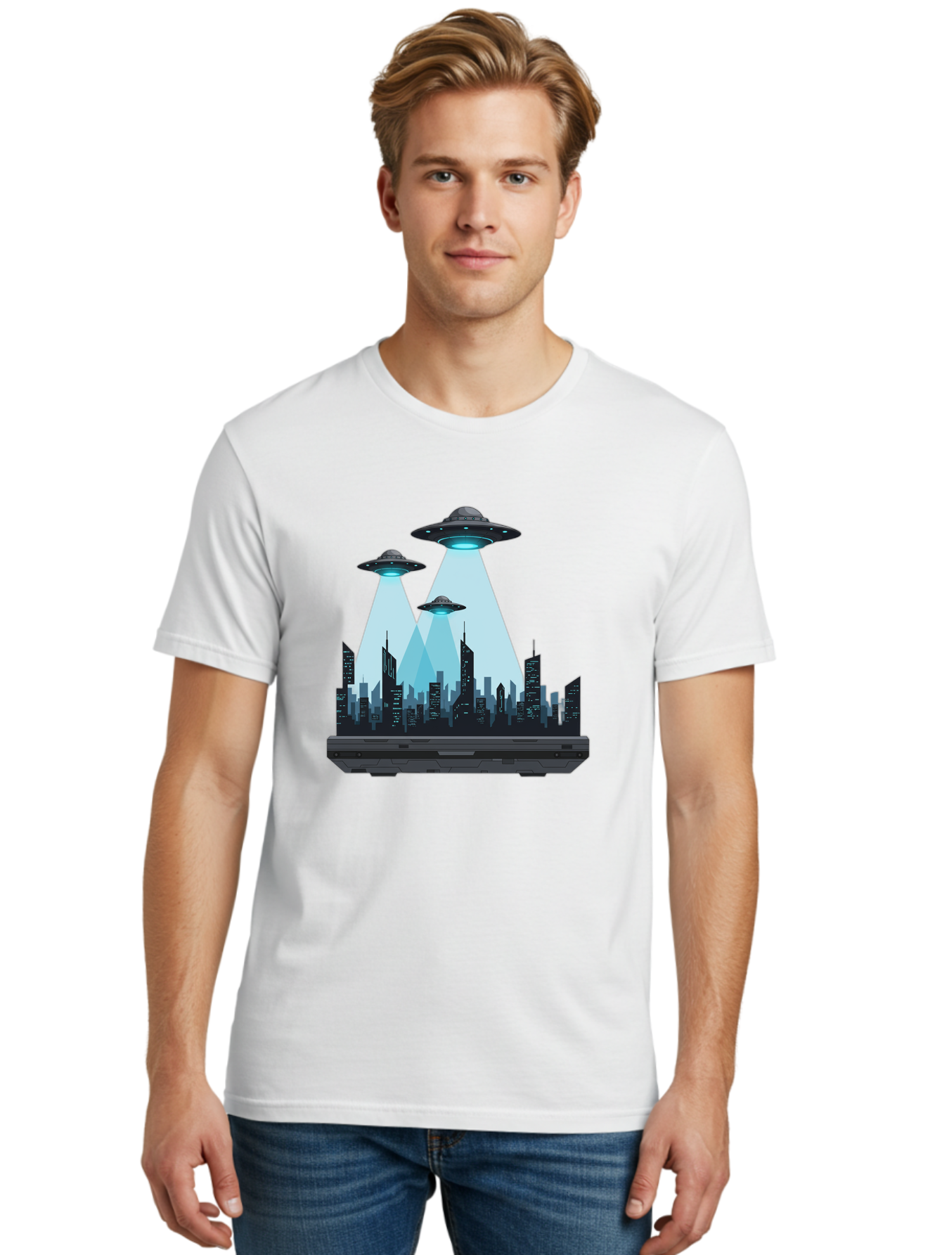 Ufo-Invasion-1 Men'S Graphic Tee, 100% Cotton, Comfortable Casual Summer Wear, Machine Washable, Ufos Over City, Alien Invasion, Science Fiction, Futuristic Cityscape, Extraterrestrial Visitation, Urban Landscape, Mysterious Lights, Bac533