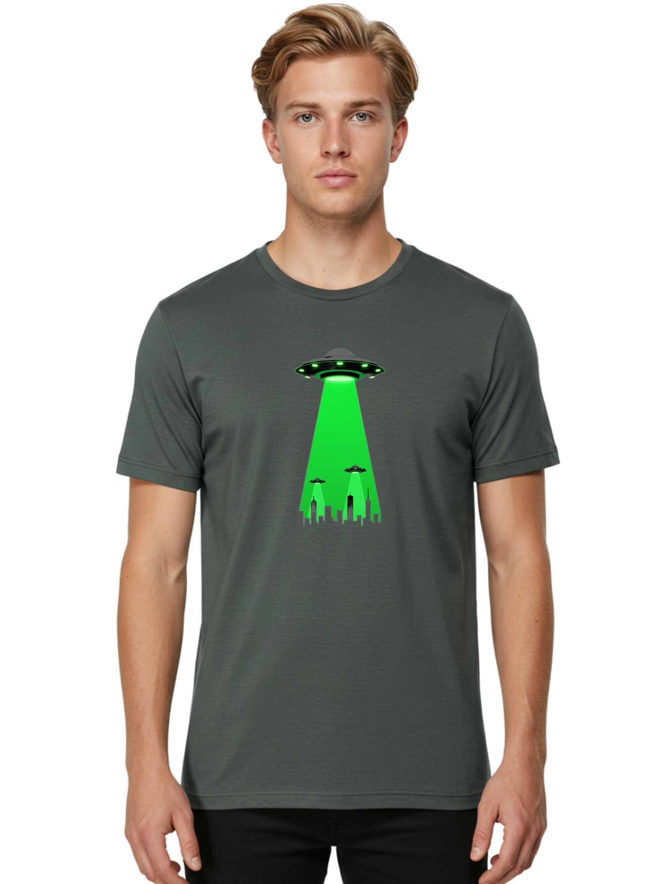 Ufo-Invasion Men'S Graphic Tee, 100% Cotton, Comfortable Casual Summer Wear, Machine Washable, Ufo, Unidentified Flying Object, Alien Spacecraft, Cityscape, Skyscrapers, Mysterious Lights, Extraterrestrial Life, Science Fiction, Bac534