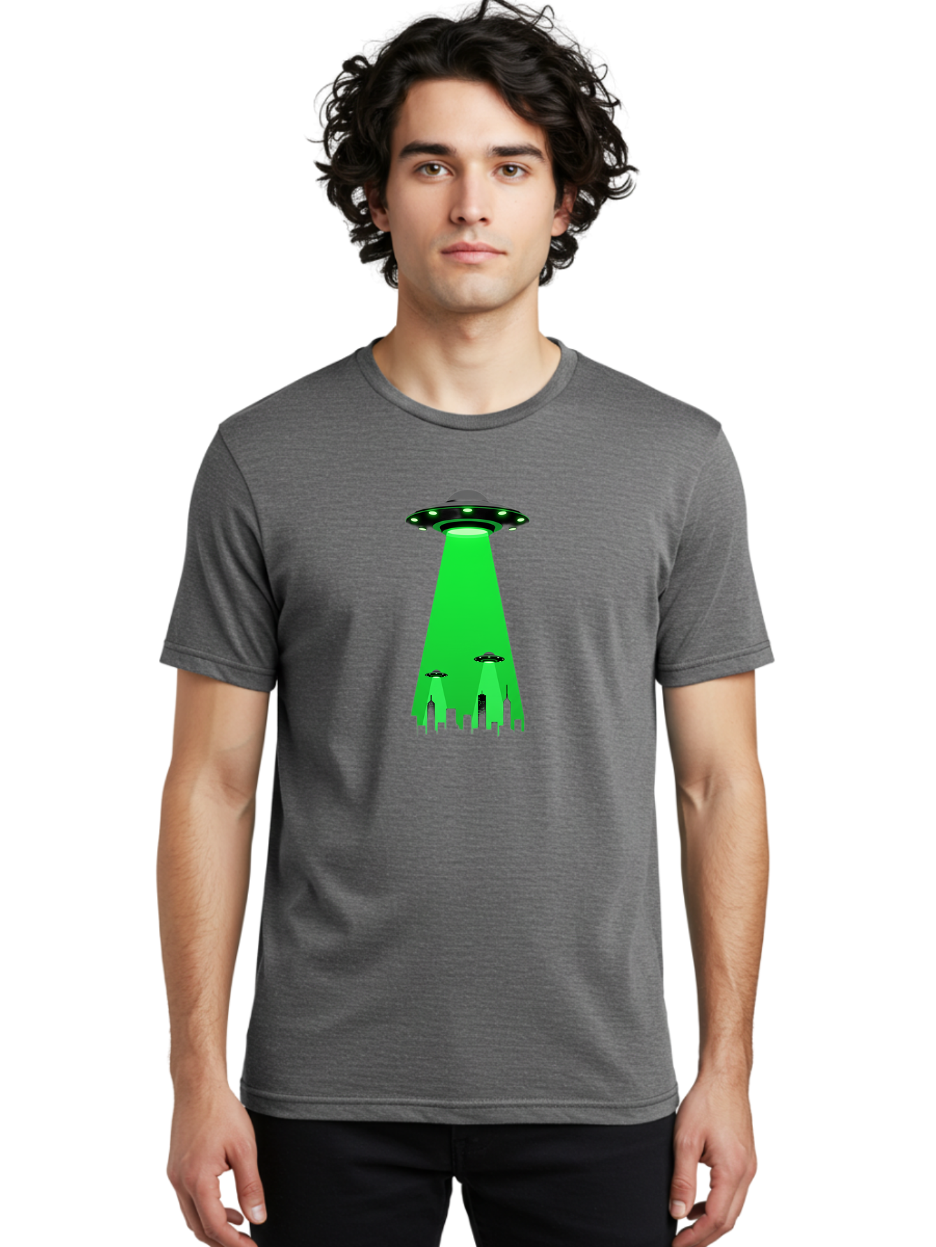 Ufo-Invasion Men'S Graphic Tee, 100% Cotton, Comfortable Casual Summer Wear, Machine Washable, Ufo, Unidentified Flying Object, Alien Spacecraft, Cityscape, Skyscrapers, Mysterious Lights, Extraterrestrial Life, Science Fiction, Bac534
