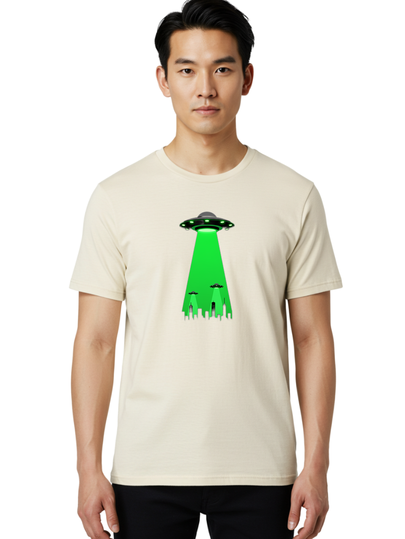Ufo-Invasion Men'S Graphic Tee, 100% Cotton, Comfortable Casual Summer Wear, Machine Washable, Ufo, Unidentified Flying Object, Alien Spacecraft, Cityscape, Skyscrapers, Mysterious Lights, Extraterrestrial Life, Science Fiction, Bac534