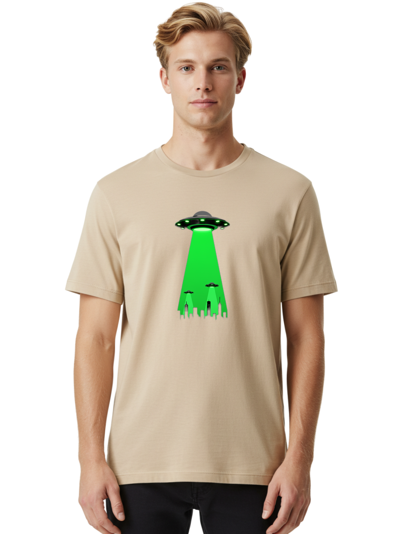 Ufo-Invasion Men'S Graphic Tee, 100% Cotton, Comfortable Casual Summer Wear, Machine Washable, Ufo, Unidentified Flying Object, Alien Spacecraft, Cityscape, Skyscrapers, Mysterious Lights, Extraterrestrial Life, Science Fiction, Bac534