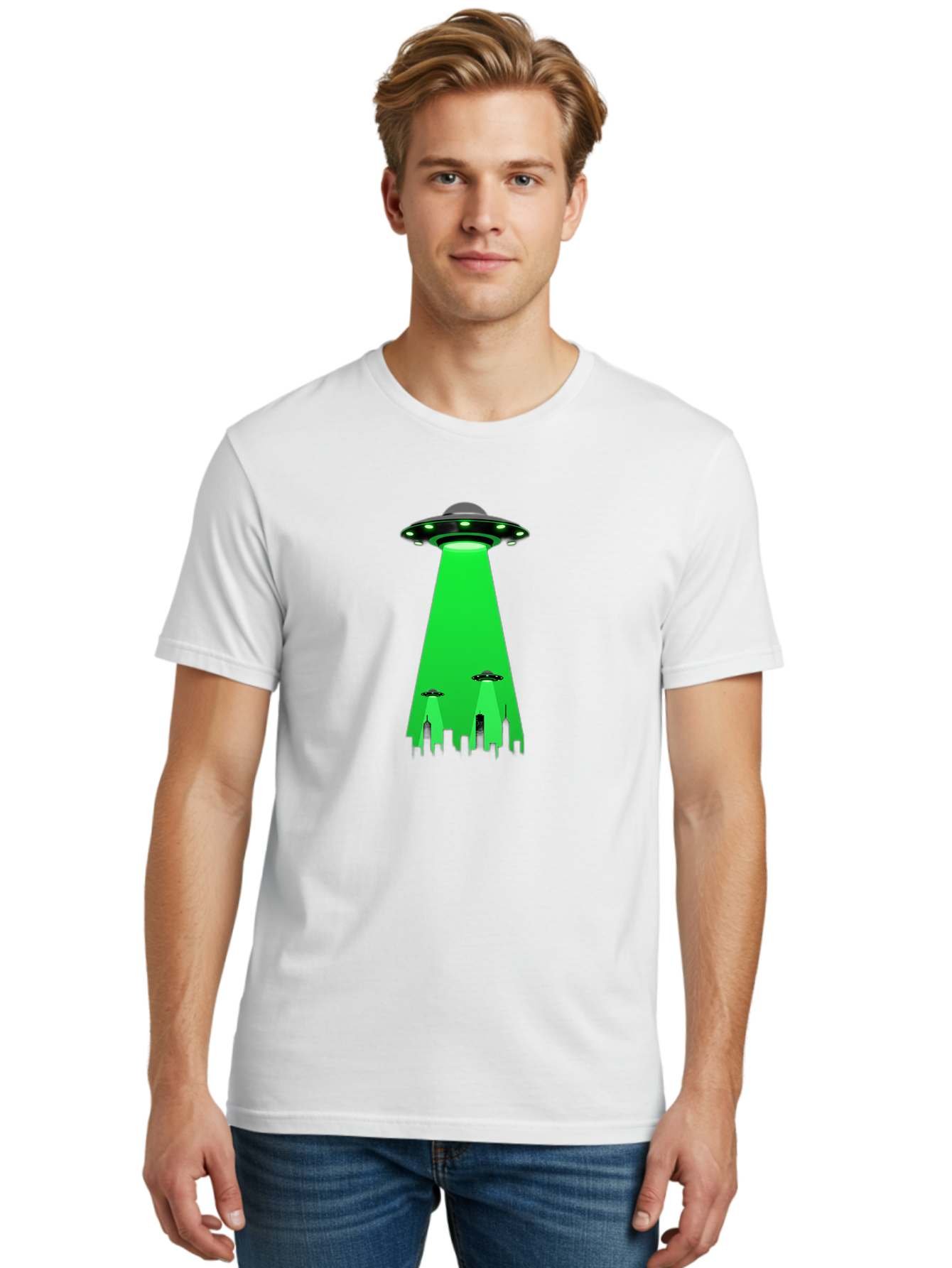 Ufo-Invasion Men'S Graphic Tee, 100% Cotton, Comfortable Casual Summer Wear, Machine Washable, Ufo, Unidentified Flying Object, Alien Spacecraft, Cityscape, Skyscrapers, Mysterious Lights, Extraterrestrial Life, Science Fiction, Bac534