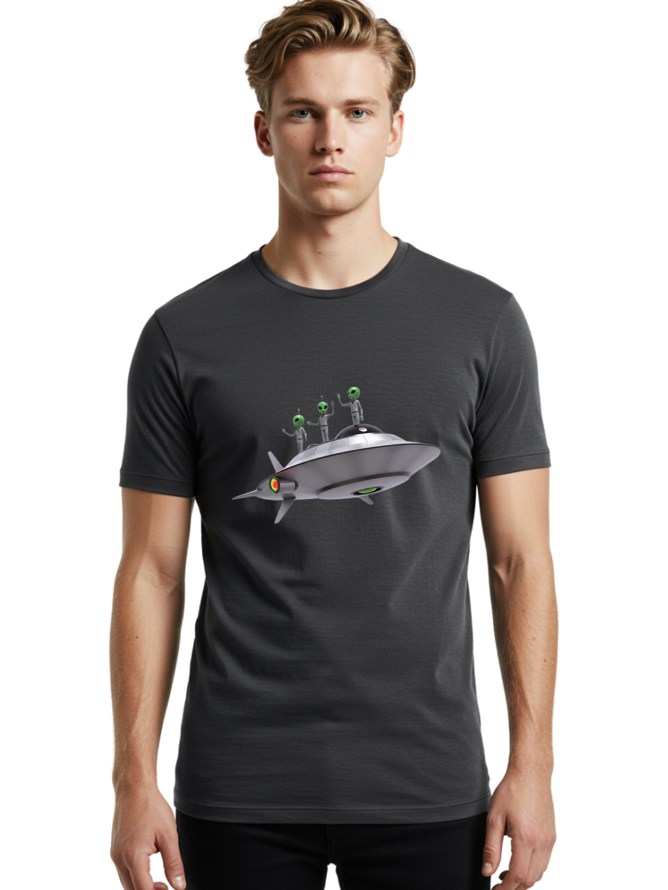 Ufo-With-Aliens Men'S Graphic Tee, 100% Cotton, Comfortable Casual Summer Wear, Machine Washable, Silver Ufo, Gray Aliens, Extraterrestrial Life, Science Fiction, Space Travel, Futuristic Design, Otherworldly Scene, Alien Technology, Bac536
