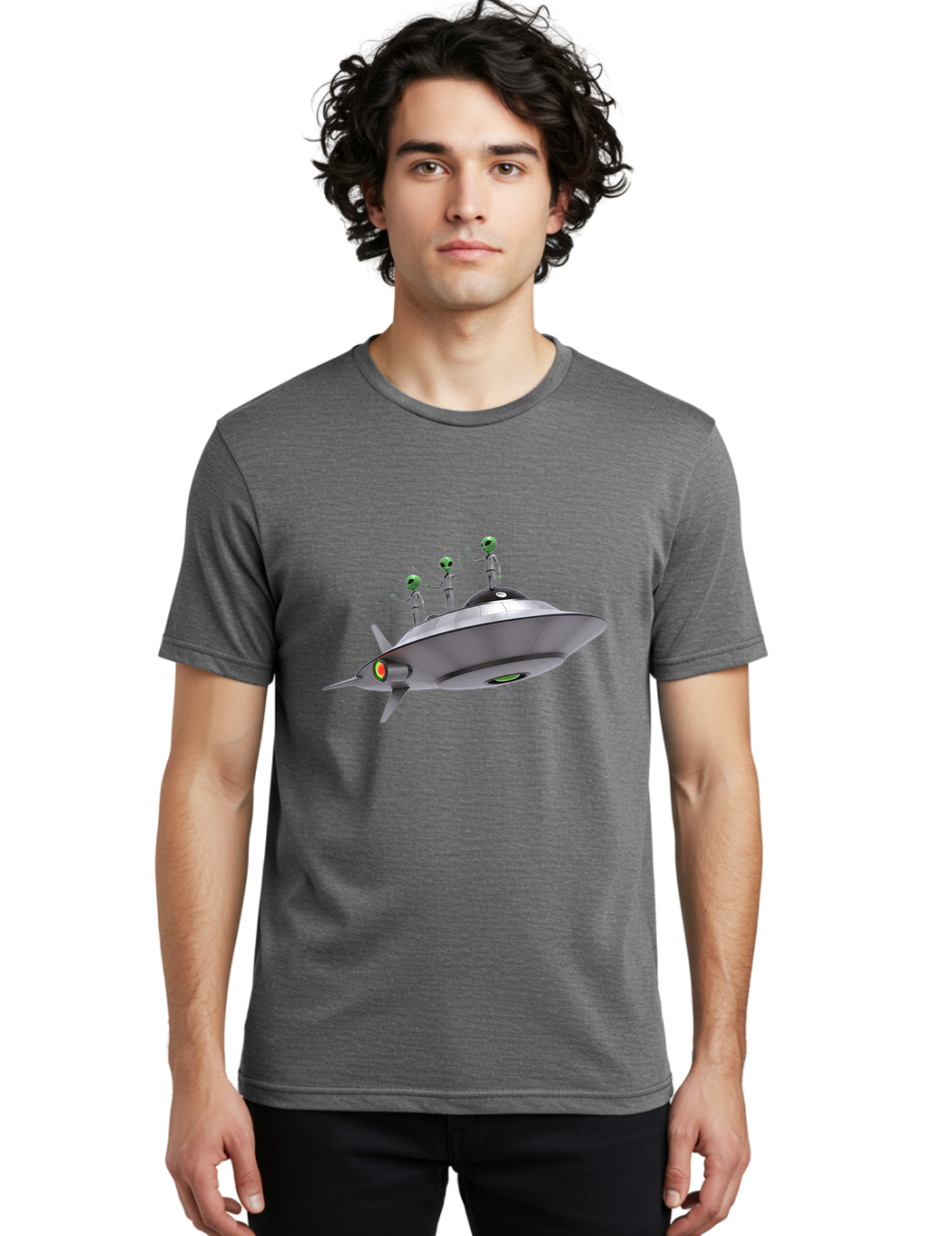 Ufo-With-Aliens Men'S Graphic Tee, 100% Cotton, Comfortable Casual Summer Wear, Machine Washable, Silver Ufo, Gray Aliens, Extraterrestrial Life, Science Fiction, Space Travel, Futuristic Design, Otherworldly Scene, Alien Technology, Bac536