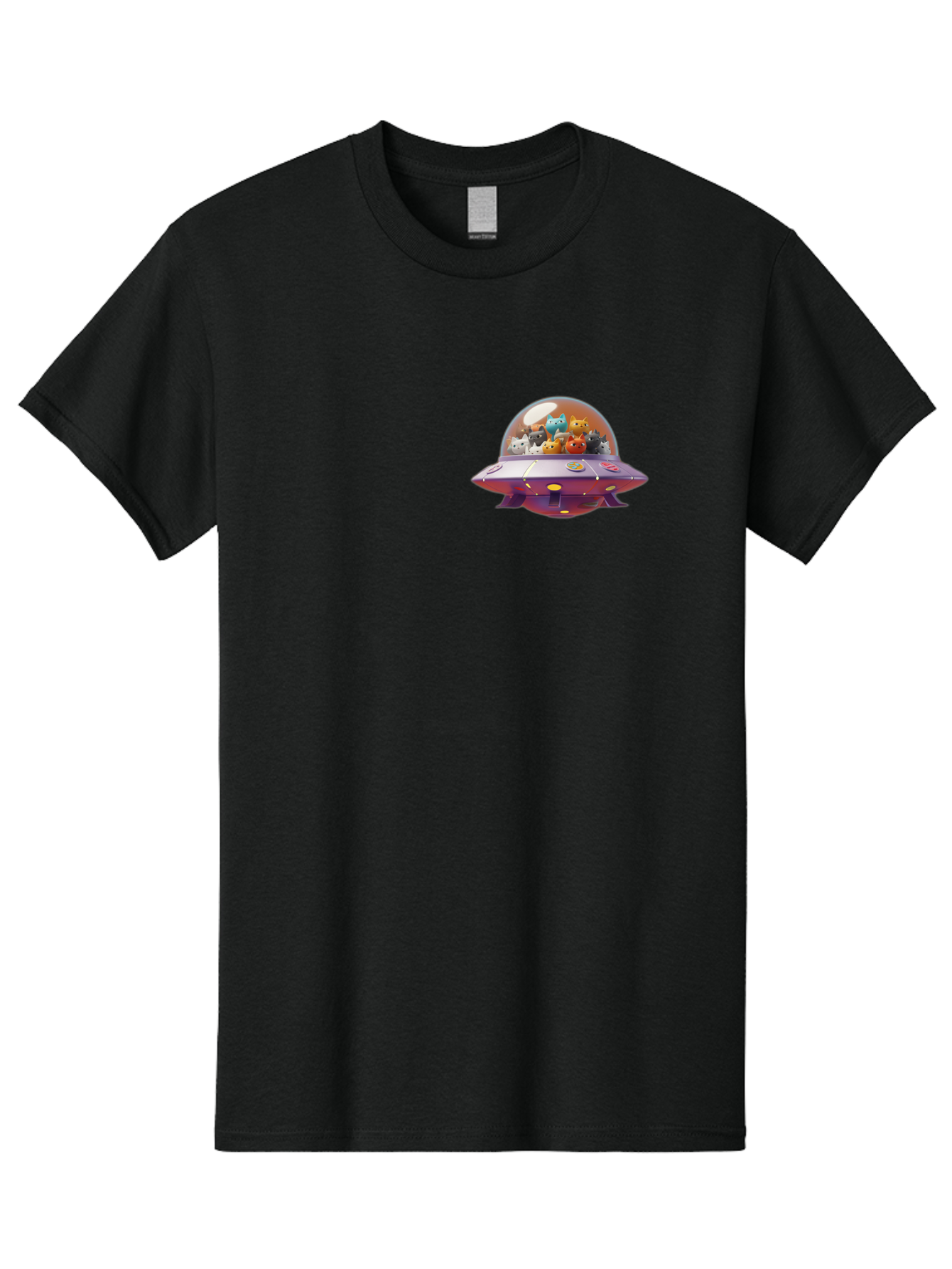 Ufo-With-Cats Men'S Graphic Tee, 100% Cotton, Comfortable Casual Summer Wear, Machine Washable, Ufo, Flying Saucer, Cartoon Style, Teddy Bears, Soft Toys, Purple Spaceship, Colorful, Adorable, Whimsical, Playful, Digital Art, Illustration, Bac537