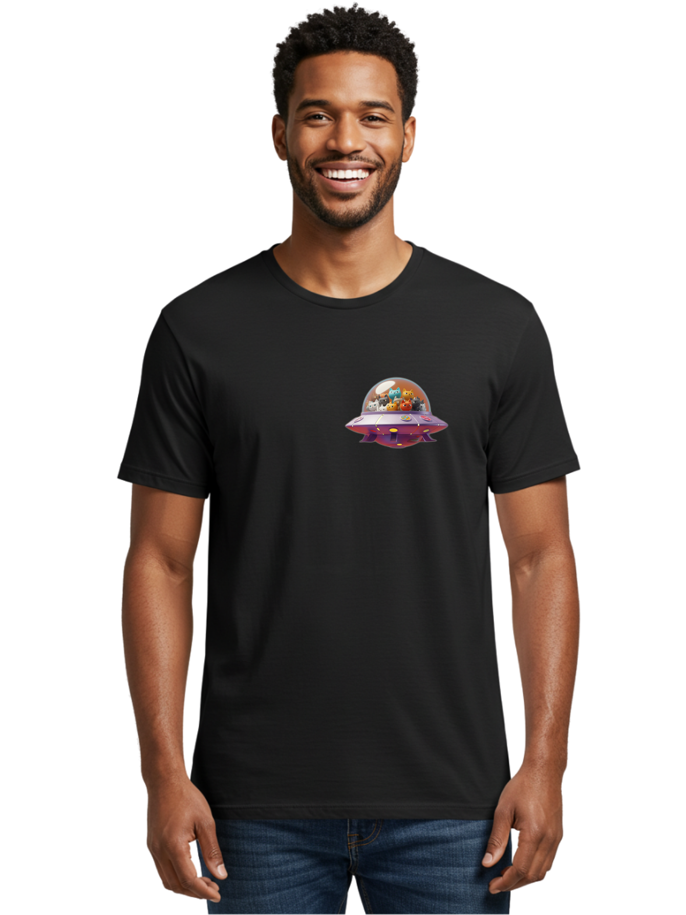Ufo-With-Cats Men'S Graphic Tee, 100% Cotton, Comfortable Casual Summer Wear, Machine Washable, Ufo, Flying Saucer, Cartoon Style, Teddy Bears, Soft Toys, Purple Spaceship, Colorful, Adorable, Whimsical, Playful, Digital Art, Illustration, Bac537