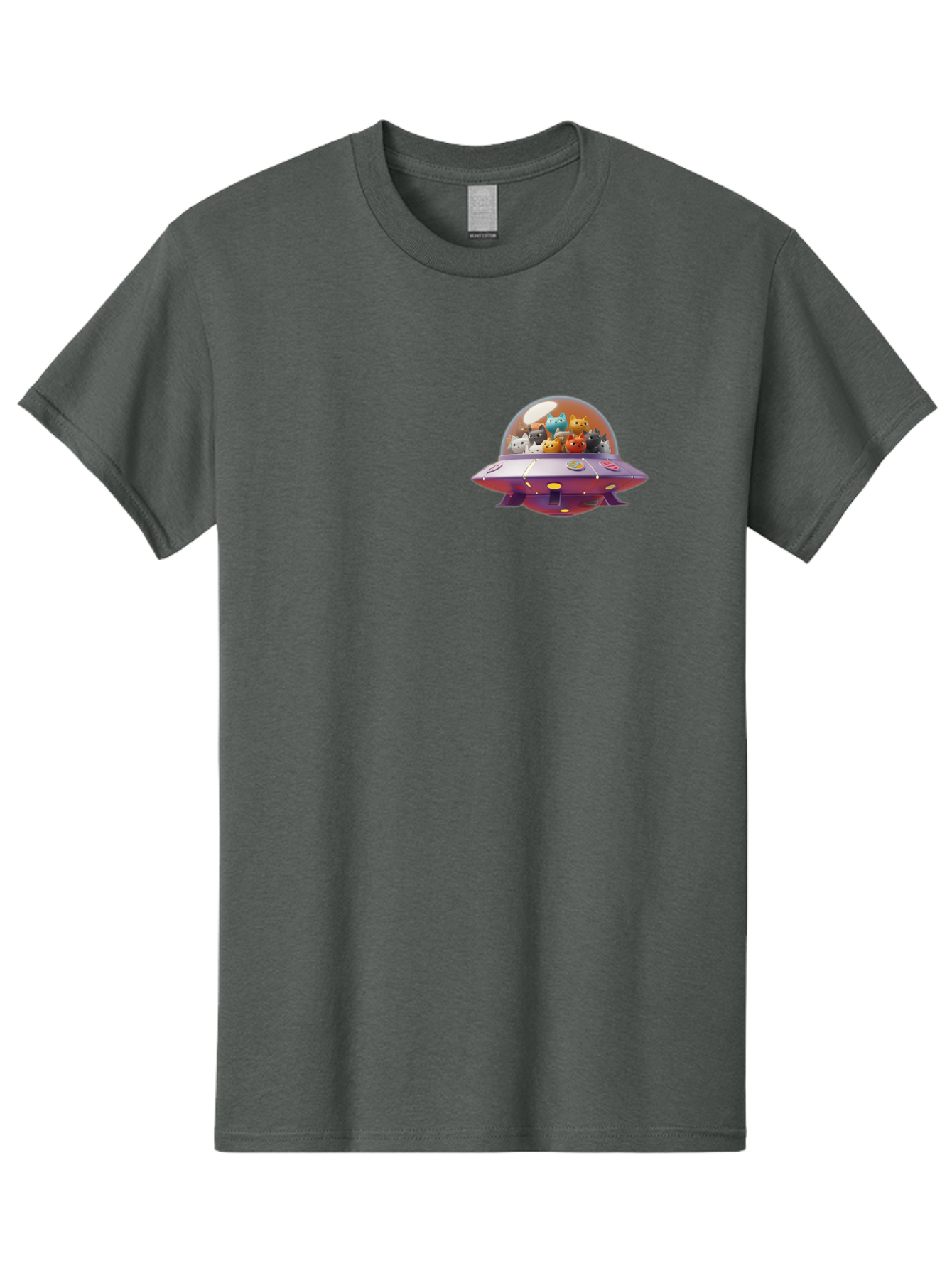Ufo-With-Cats Men'S Graphic Tee, 100% Cotton, Comfortable Casual Summer Wear, Machine Washable, Ufo, Flying Saucer, Cartoon Style, Teddy Bears, Soft Toys, Purple Spaceship, Colorful, Adorable, Whimsical, Playful, Digital Art, Illustration, Bac537