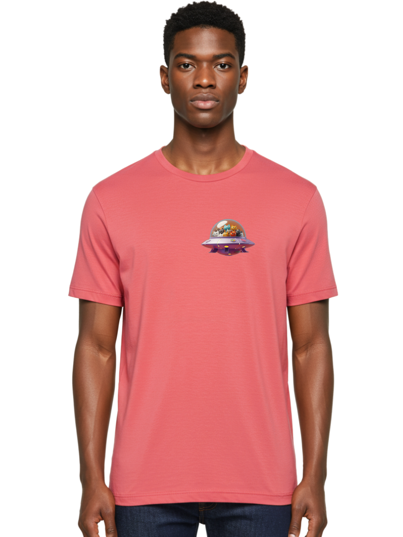 Ufo-With-Cats Men'S Graphic Tee, 100% Cotton, Comfortable Casual Summer Wear, Machine Washable, Ufo, Flying Saucer, Cartoon Style, Teddy Bears, Soft Toys, Purple Spaceship, Colorful, Adorable, Whimsical, Playful, Digital Art, Illustration, Bac537