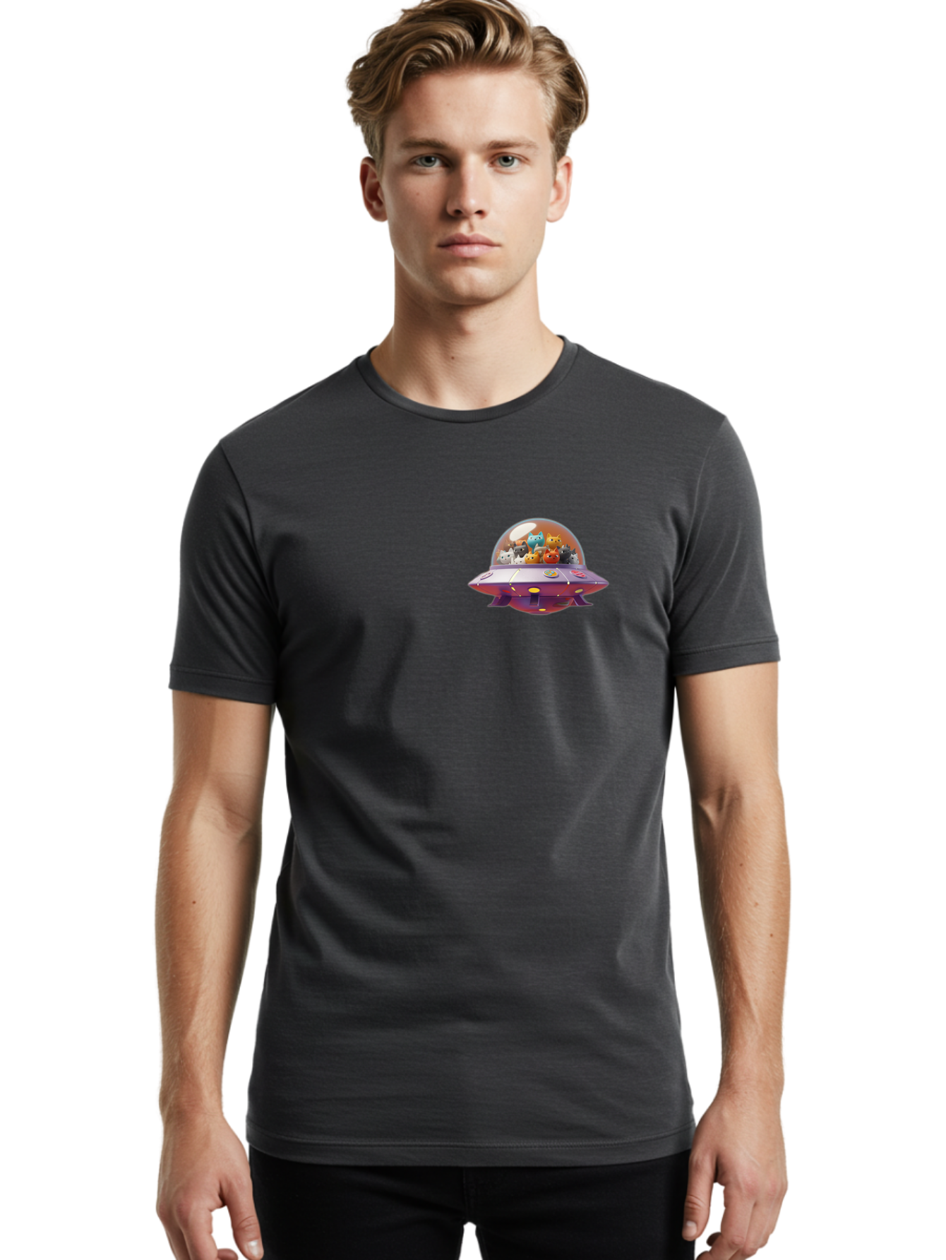 Ufo-With-Cats Men'S Graphic Tee, 100% Cotton, Comfortable Casual Summer Wear, Machine Washable, Ufo, Flying Saucer, Cartoon Style, Teddy Bears, Soft Toys, Purple Spaceship, Colorful, Adorable, Whimsical, Playful, Digital Art, Illustration, Bac537