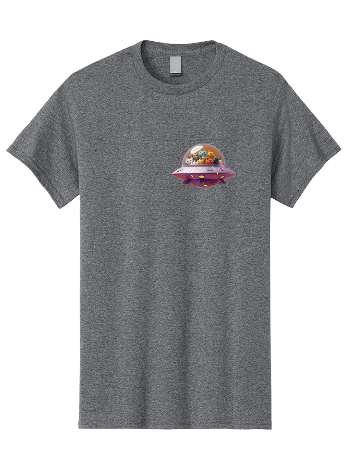 Ufo-With-Cats Men'S Graphic Tee, 100% Cotton, Comfortable Casual Summer Wear, Machine Washable, Ufo, Flying Saucer, Cartoon Style, Teddy Bears, Soft Toys, Purple Spaceship, Colorful, Adorable, Whimsical, Playful, Digital Art, Illustration, Bac537
