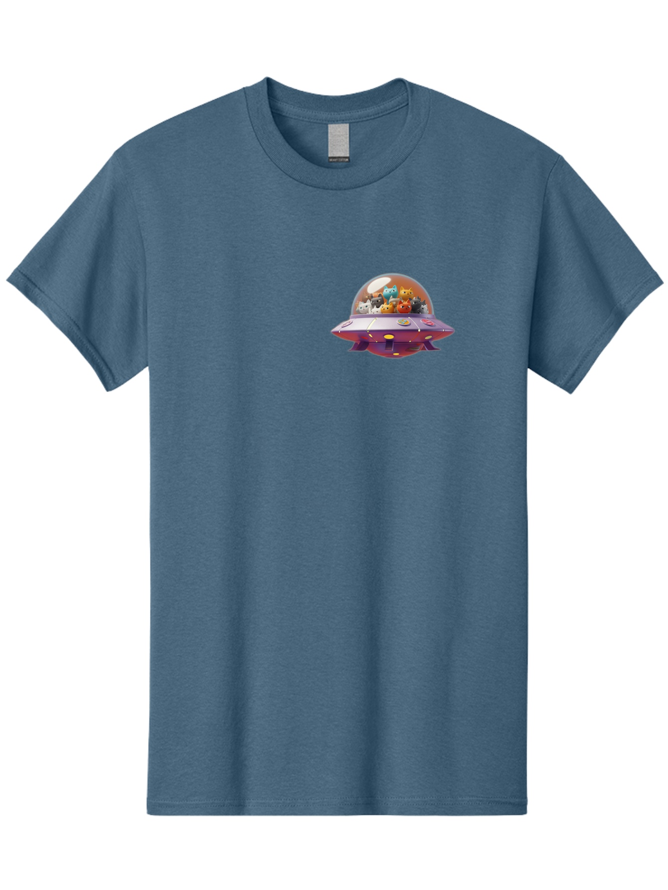 Ufo-With-Cats Men'S Graphic Tee, 100% Cotton, Comfortable Casual Summer Wear, Machine Washable, Ufo, Flying Saucer, Cartoon Style, Teddy Bears, Soft Toys, Purple Spaceship, Colorful, Adorable, Whimsical, Playful, Digital Art, Illustration, Bac537
