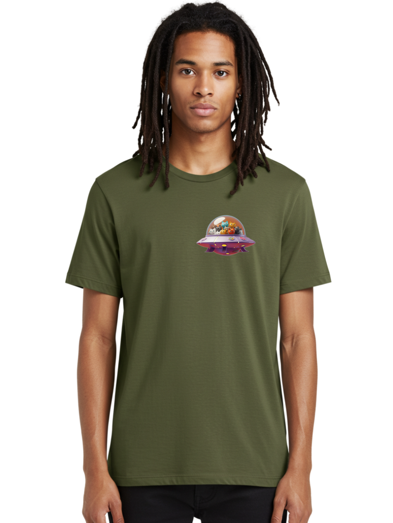 Ufo-With-Cats Men'S Graphic Tee, 100% Cotton, Comfortable Casual Summer Wear, Machine Washable, Ufo, Flying Saucer, Cartoon Style, Teddy Bears, Soft Toys, Purple Spaceship, Colorful, Adorable, Whimsical, Playful, Digital Art, Illustration, Bac537