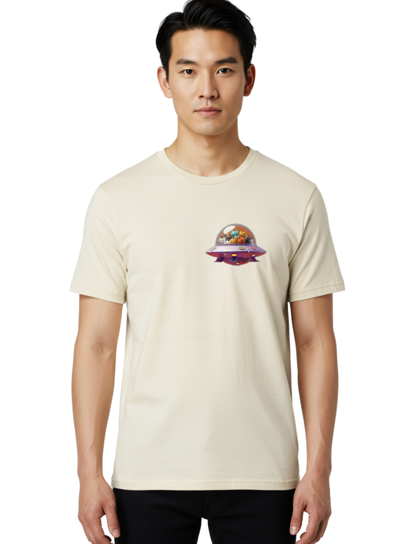 Ufo-With-Cats Men'S Graphic Tee, 100% Cotton, Comfortable Casual Summer Wear, Machine Washable, Ufo, Flying Saucer, Cartoon Style, Teddy Bears, Soft Toys, Purple Spaceship, Colorful, Adorable, Whimsical, Playful, Digital Art, Illustration, Bac537