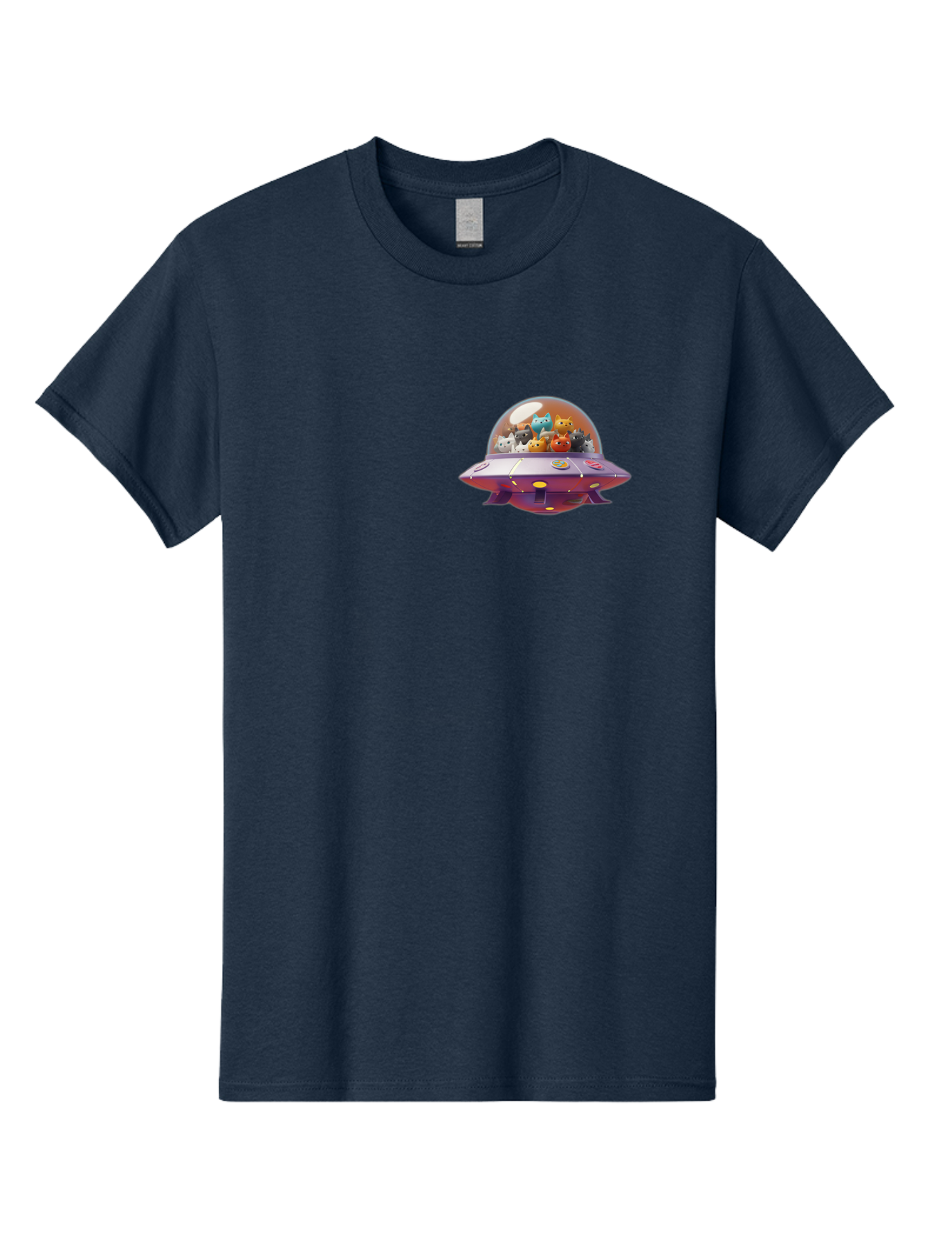 Ufo-With-Cats Men'S Graphic Tee, 100% Cotton, Comfortable Casual Summer Wear, Machine Washable, Ufo, Flying Saucer, Cartoon Style, Teddy Bears, Soft Toys, Purple Spaceship, Colorful, Adorable, Whimsical, Playful, Digital Art, Illustration, Bac537