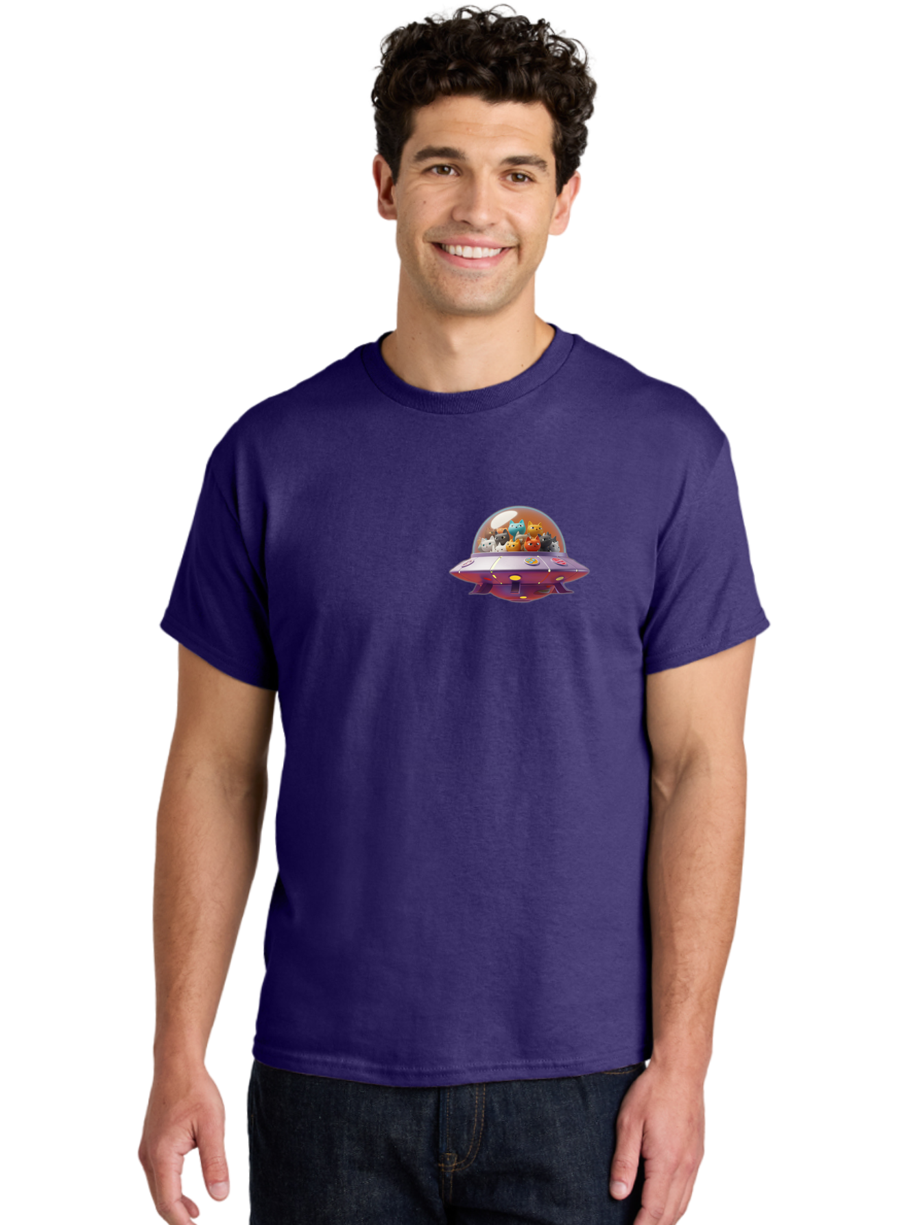Ufo-With-Cats Men'S Graphic Tee, 100% Cotton, Comfortable Casual Summer Wear, Machine Washable, Ufo, Flying Saucer, Cartoon Style, Teddy Bears, Soft Toys, Purple Spaceship, Colorful, Adorable, Whimsical, Playful, Digital Art, Illustration, Bac537