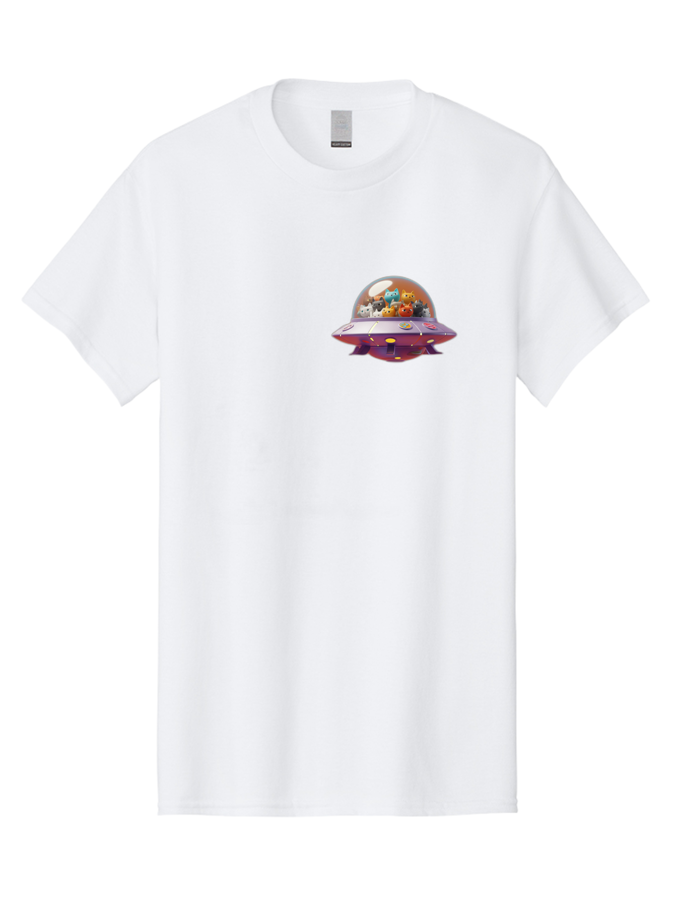 Ufo-With-Cats Men'S Graphic Tee, 100% Cotton, Comfortable Casual Summer Wear, Machine Washable, Ufo, Flying Saucer, Cartoon Style, Teddy Bears, Soft Toys, Purple Spaceship, Colorful, Adorable, Whimsical, Playful, Digital Art, Illustration, Bac537