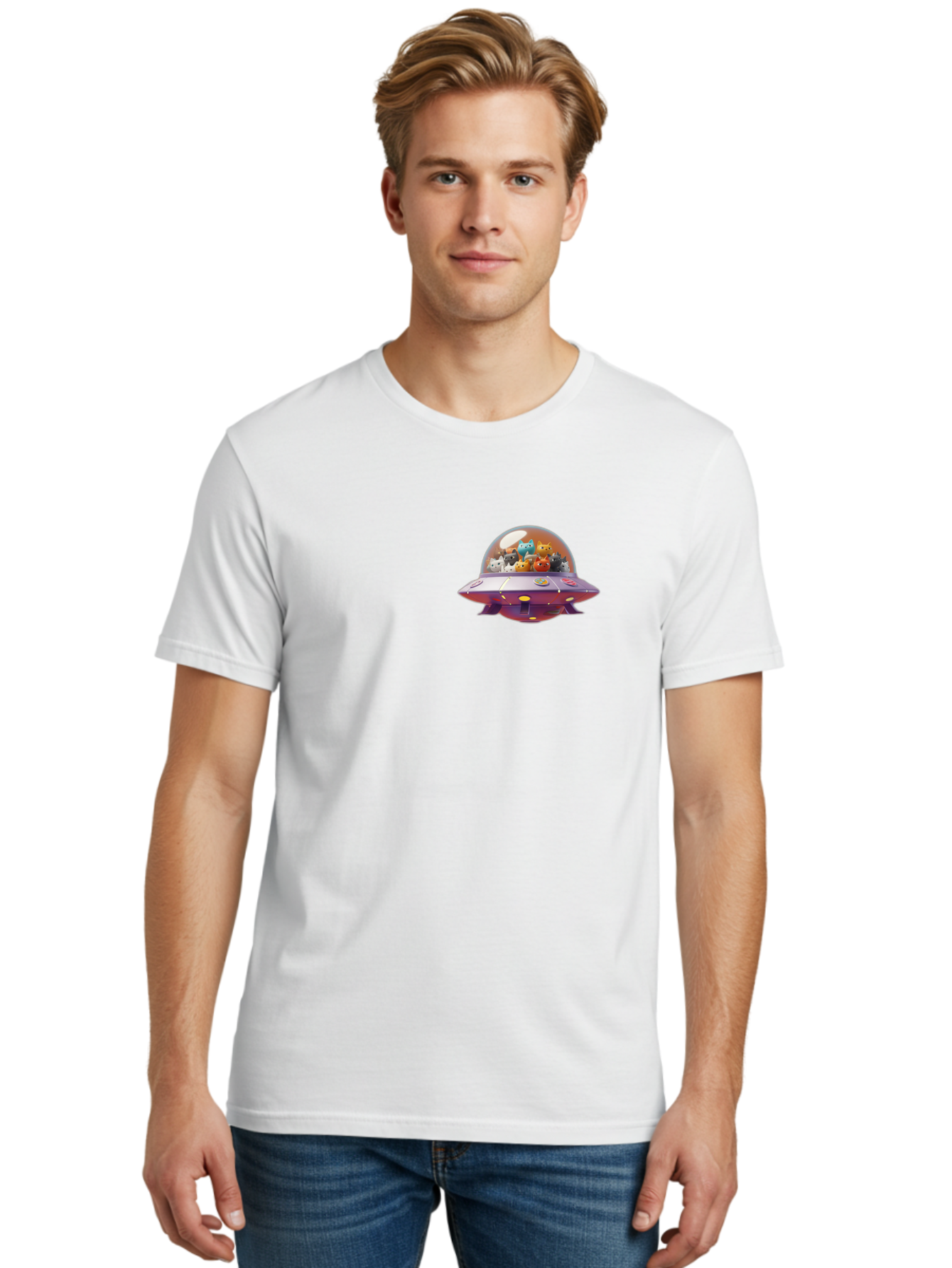 Ufo-With-Cats Men'S Graphic Tee, 100% Cotton, Comfortable Casual Summer Wear, Machine Washable, Ufo, Flying Saucer, Cartoon Style, Teddy Bears, Soft Toys, Purple Spaceship, Colorful, Adorable, Whimsical, Playful, Digital Art, Illustration, Bac537