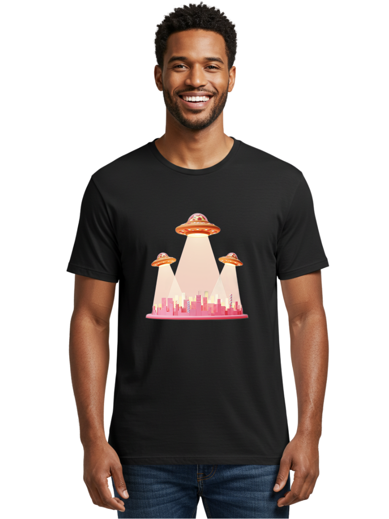Ufos-1 Men'S Graphic Tee, 100% Cotton, Comfortable Casual Summer Wear, Machine Washable, Ufos Hovering Over City, Alien Invasion, Science Fiction, Futuristic Landscape, Urban Scenery, Extraterrestrial Life, Flying Saucers, Cityscape, Bac538