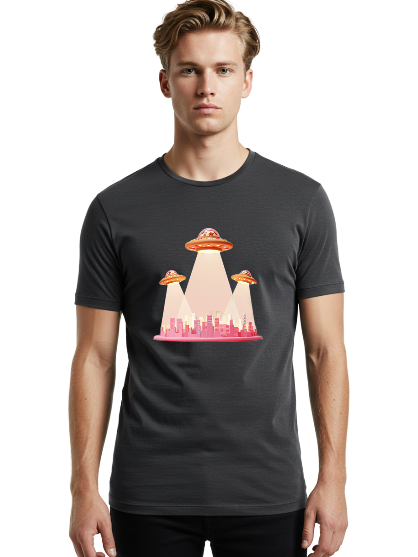 Ufos-1 Men'S Graphic Tee, 100% Cotton, Comfortable Casual Summer Wear, Machine Washable, Ufos Hovering Over City, Alien Invasion, Science Fiction, Futuristic Landscape, Urban Scenery, Extraterrestrial Life, Flying Saucers, Cityscape, Bac538