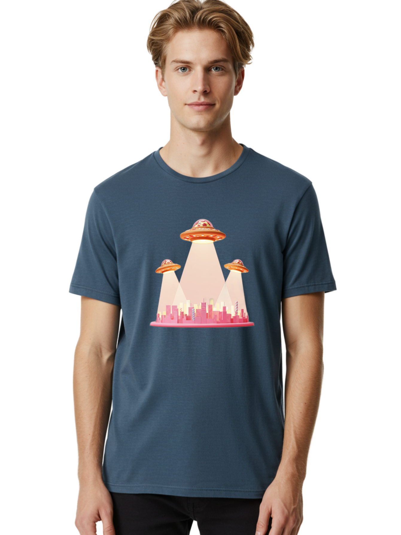 Ufos-1 Men'S Graphic Tee, 100% Cotton, Comfortable Casual Summer Wear, Machine Washable, Ufos Hovering Over City, Alien Invasion, Science Fiction, Futuristic Landscape, Urban Scenery, Extraterrestrial Life, Flying Saucers, Cityscape, Bac538