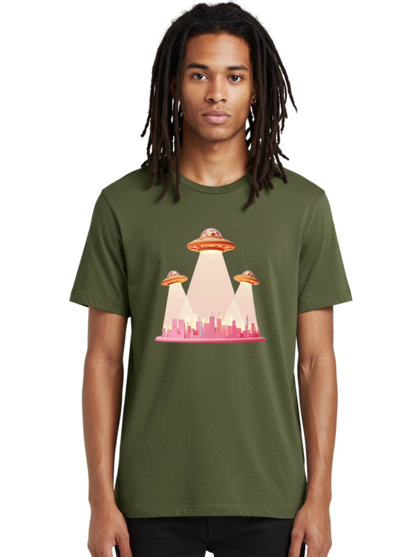 Ufos-1 Men'S Graphic Tee, 100% Cotton, Comfortable Casual Summer Wear, Machine Washable, Ufos Hovering Over City, Alien Invasion, Science Fiction, Futuristic Landscape, Urban Scenery, Extraterrestrial Life, Flying Saucers, Cityscape, Bac538