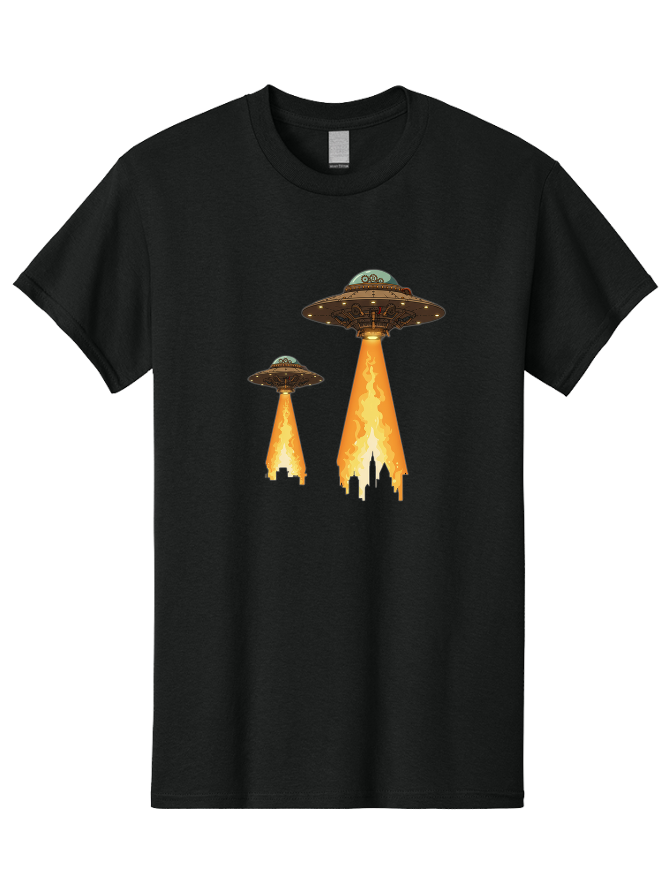 Ufos-Over-City-1 Men'S Graphic Tee, 100% Cotton, Comfortable Casual Summer Wear, Machine Washable, Ufos Hovering Over City, Flying Saucers, Alien Invasion, Extraterrestrial Life, Science Fiction, Futuristic, Cityscape, Mysterious Atmosphere, Bac539