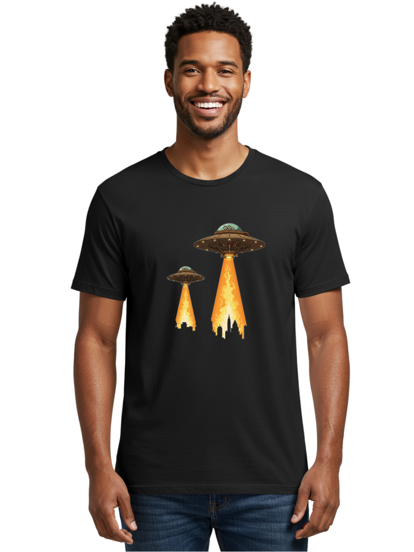 Ufos-Over-City-1 Men'S Graphic Tee, 100% Cotton, Comfortable Casual Summer Wear, Machine Washable, Ufos Hovering Over City, Flying Saucers, Alien Invasion, Extraterrestrial Life, Science Fiction, Futuristic, Cityscape, Mysterious Atmosphere, Bac539