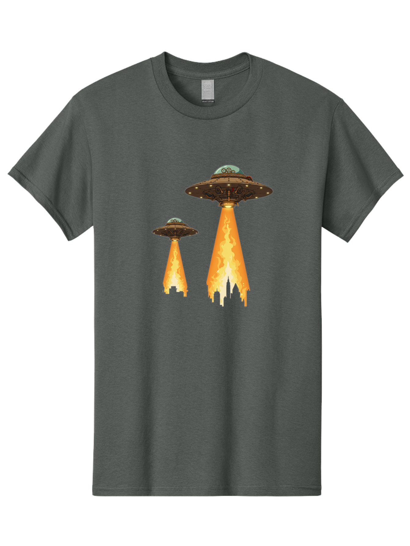 Ufos-Over-City-1 Men'S Graphic Tee, 100% Cotton, Comfortable Casual Summer Wear, Machine Washable, Ufos Hovering Over City, Flying Saucers, Alien Invasion, Extraterrestrial Life, Science Fiction, Futuristic, Cityscape, Mysterious Atmosphere, Bac539