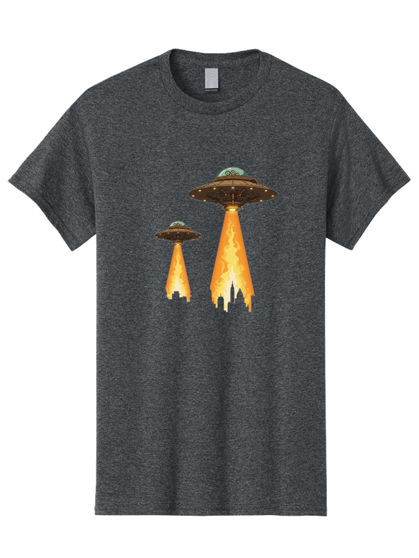 Ufos-Over-City-1 Men'S Graphic Tee, 100% Cotton, Comfortable Casual Summer Wear, Machine Washable, Ufos Hovering Over City, Flying Saucers, Alien Invasion, Extraterrestrial Life, Science Fiction, Futuristic, Cityscape, Mysterious Atmosphere, Bac539